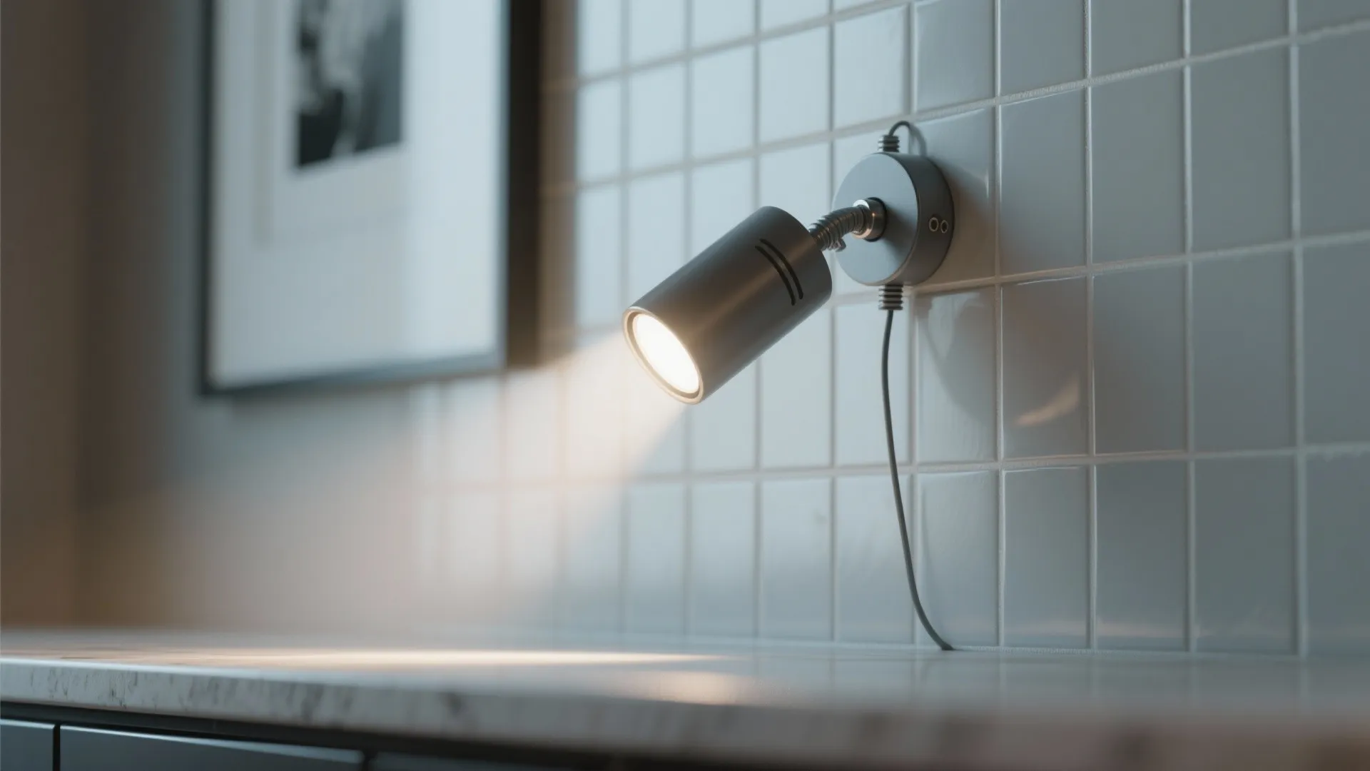 Small silver wall light shining on marble counter top with white square tiles and framed art