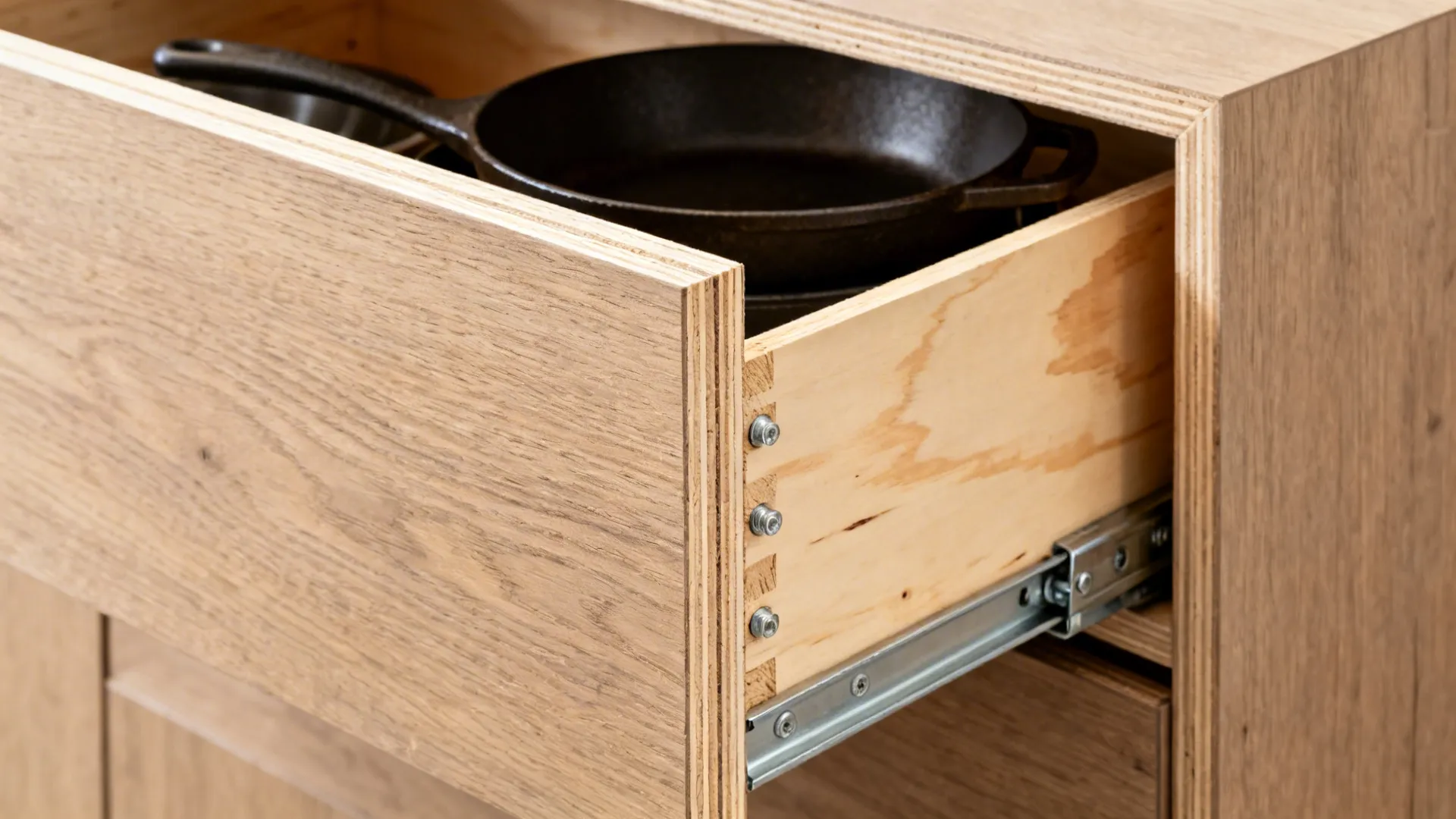 Open wooden kitchen drawer showing metal slides screws inside and a black frying pan for storage