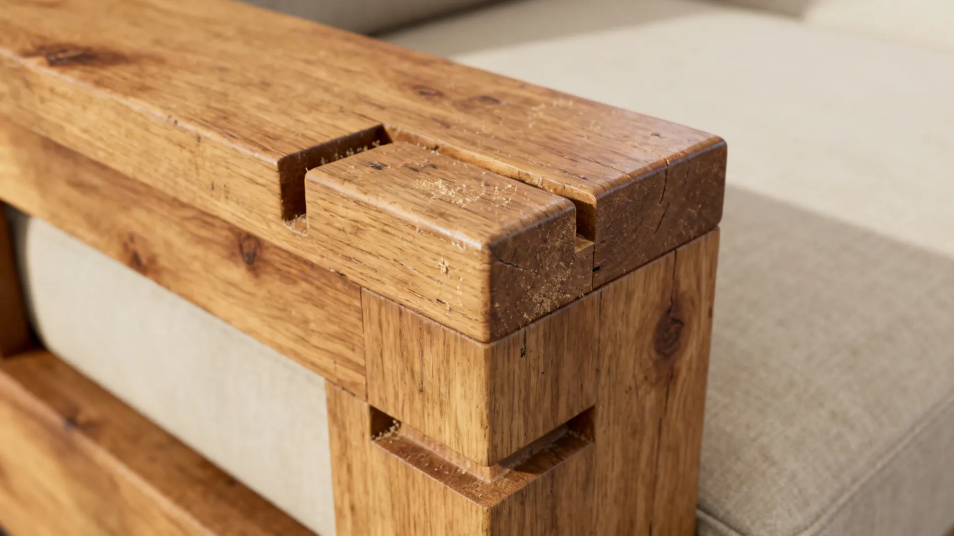 Close-up of solid hardwood sofa frame showing mortise-and-tenon joint and corner block.