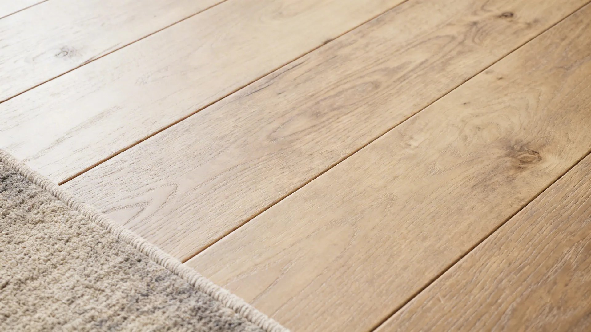 Macro detail of pale hardwood grain and matte finish near a rug edge.