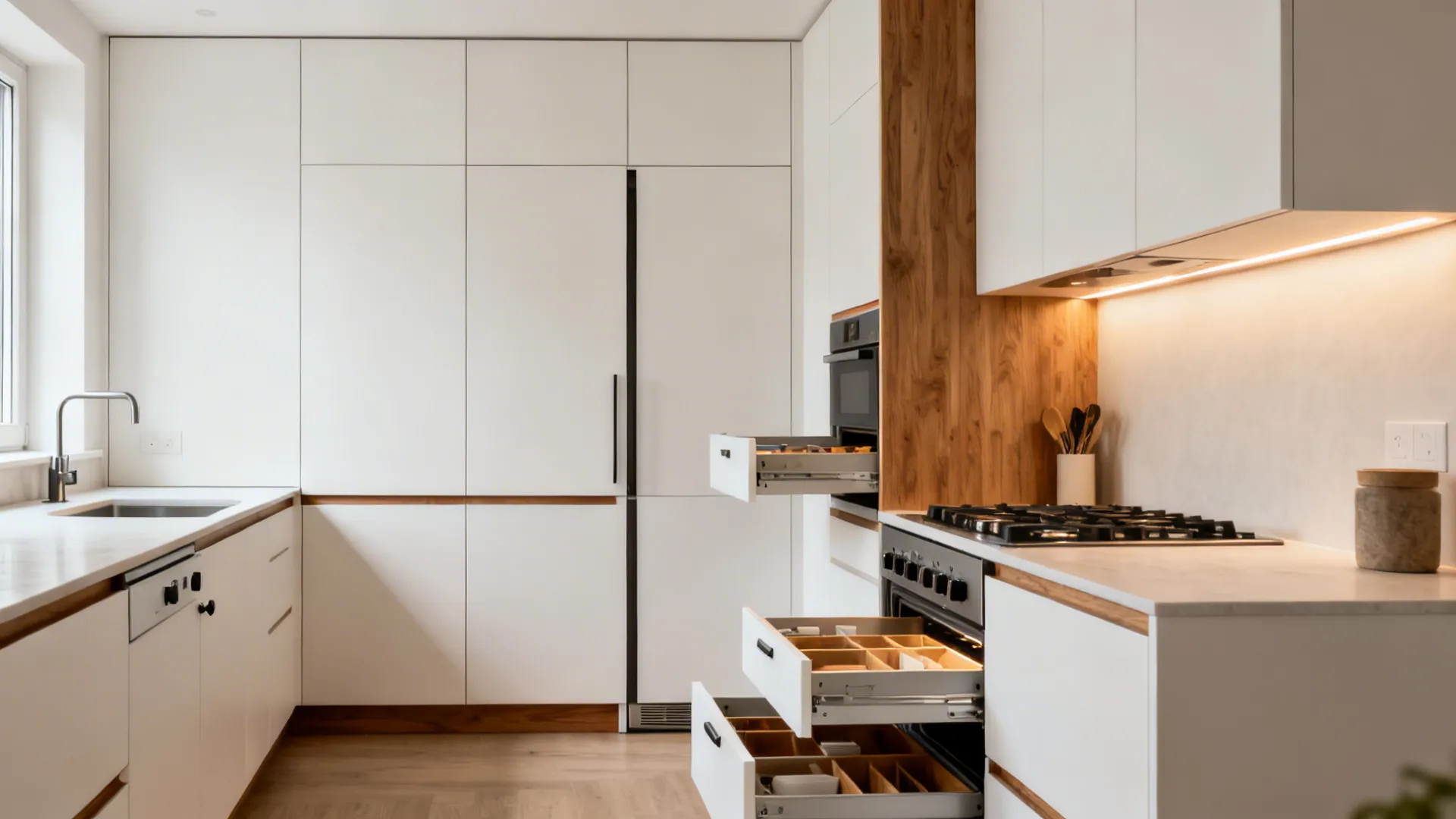 Compact kitchen with full-height pantry, deep drawers, and slim pullouts maximizing storage.