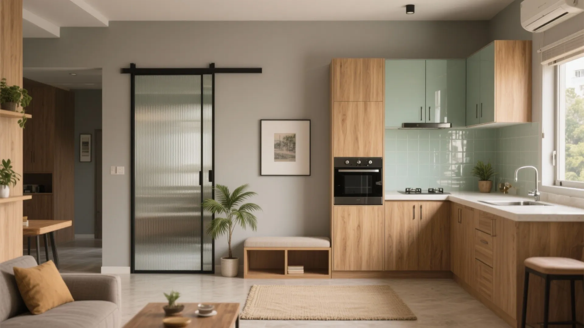 Modern kitchen with wood cabinets light green tiles glass sliding door and a small indoor plant