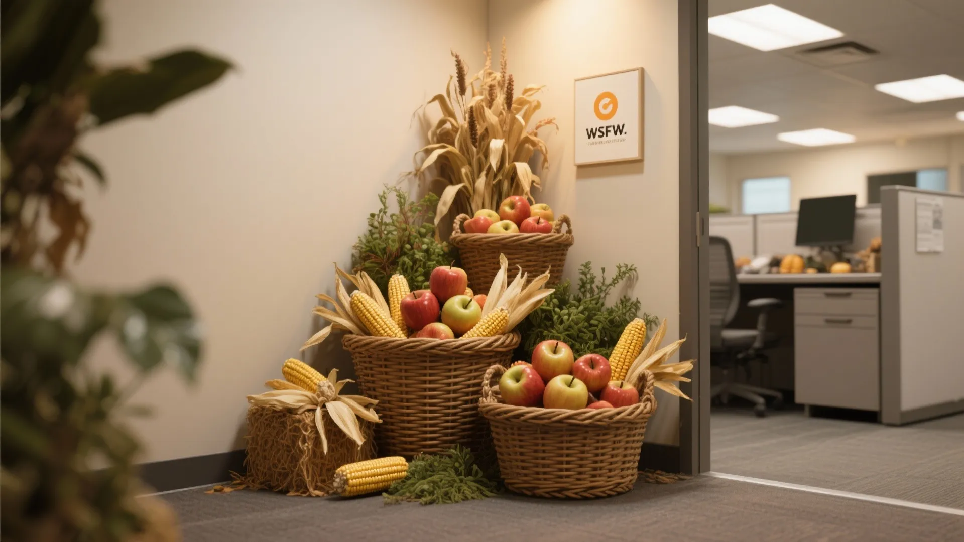 Harvest office decoration with woven baskets filled with red apples and corn by the doorway