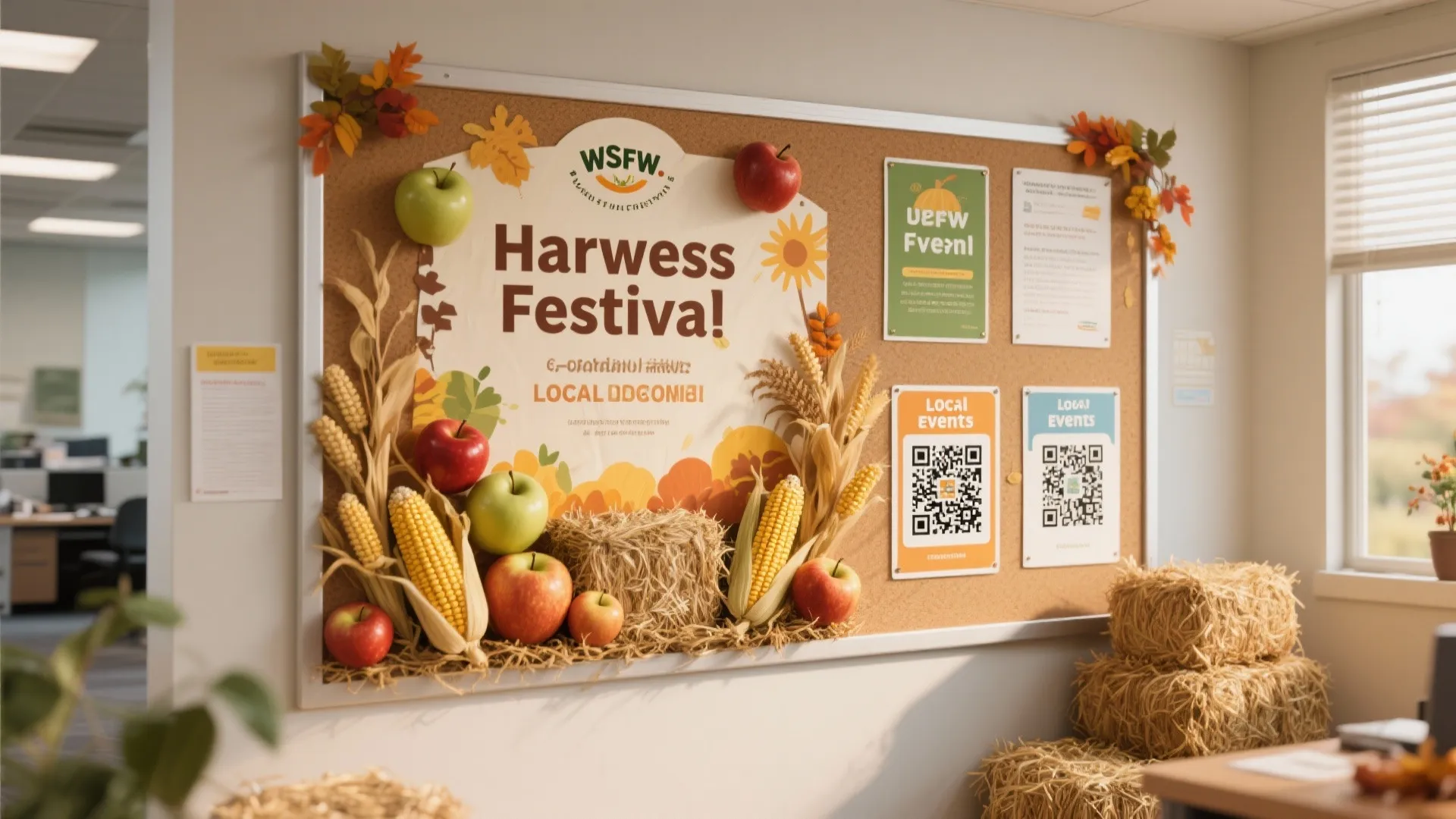 Office bulletin board decorated for harvest festival with apples corn hay and fall themed posters