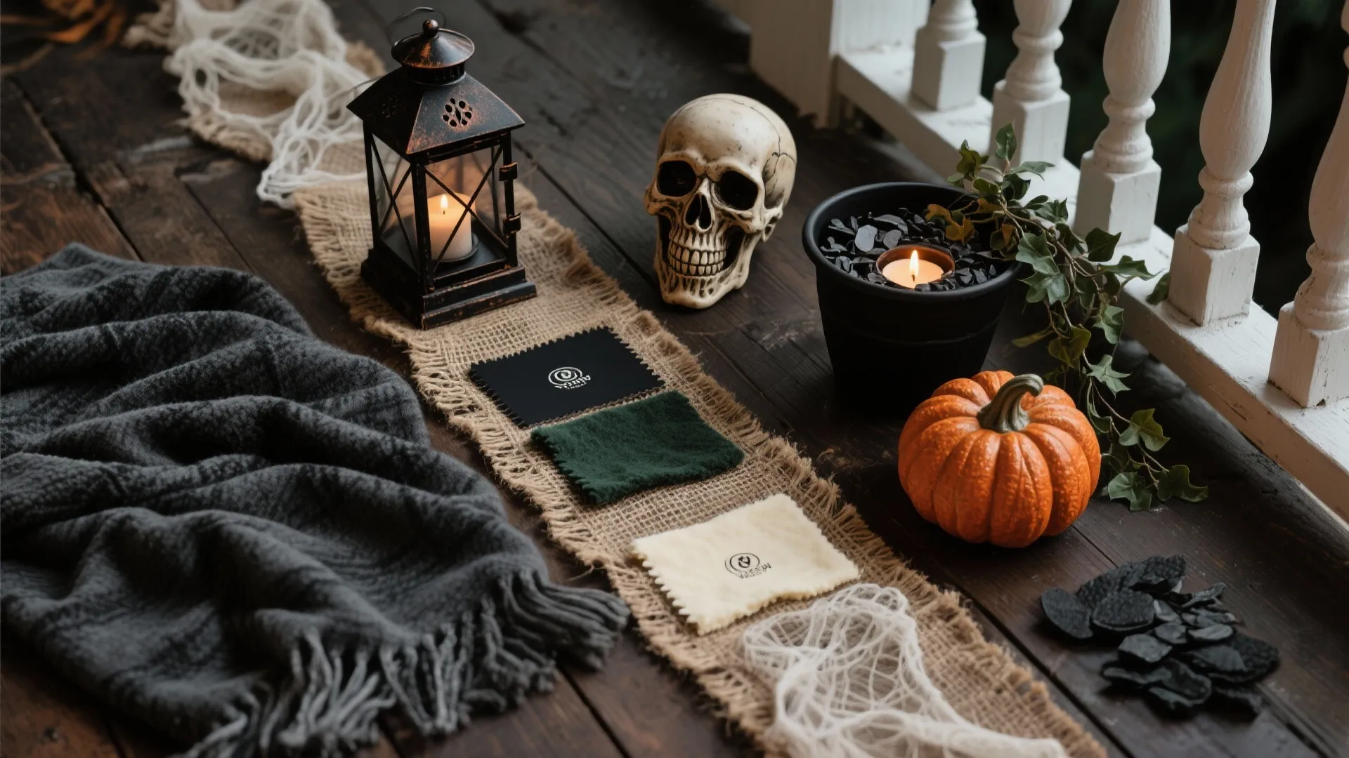 Flat lay of moody harvest textures and colors: charcoal throw, jute runner, burlap, gauze, bronze skull, bone-tone pumpkin, faux ivy.