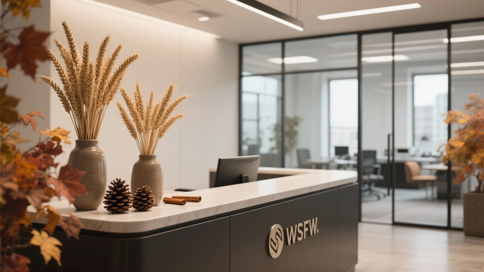 Modern office reception desk with wheat vases pine cones autumn leaves and glass wall partitions
