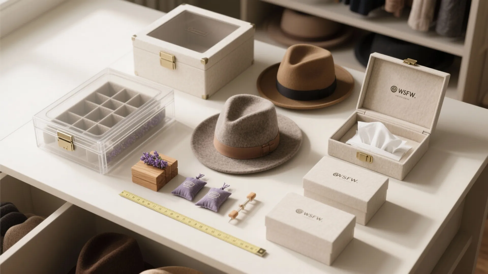 Top-down flatlay of hat storage items including hat boxes, cedar blocks, lavender sachets, tissue supports and labels.