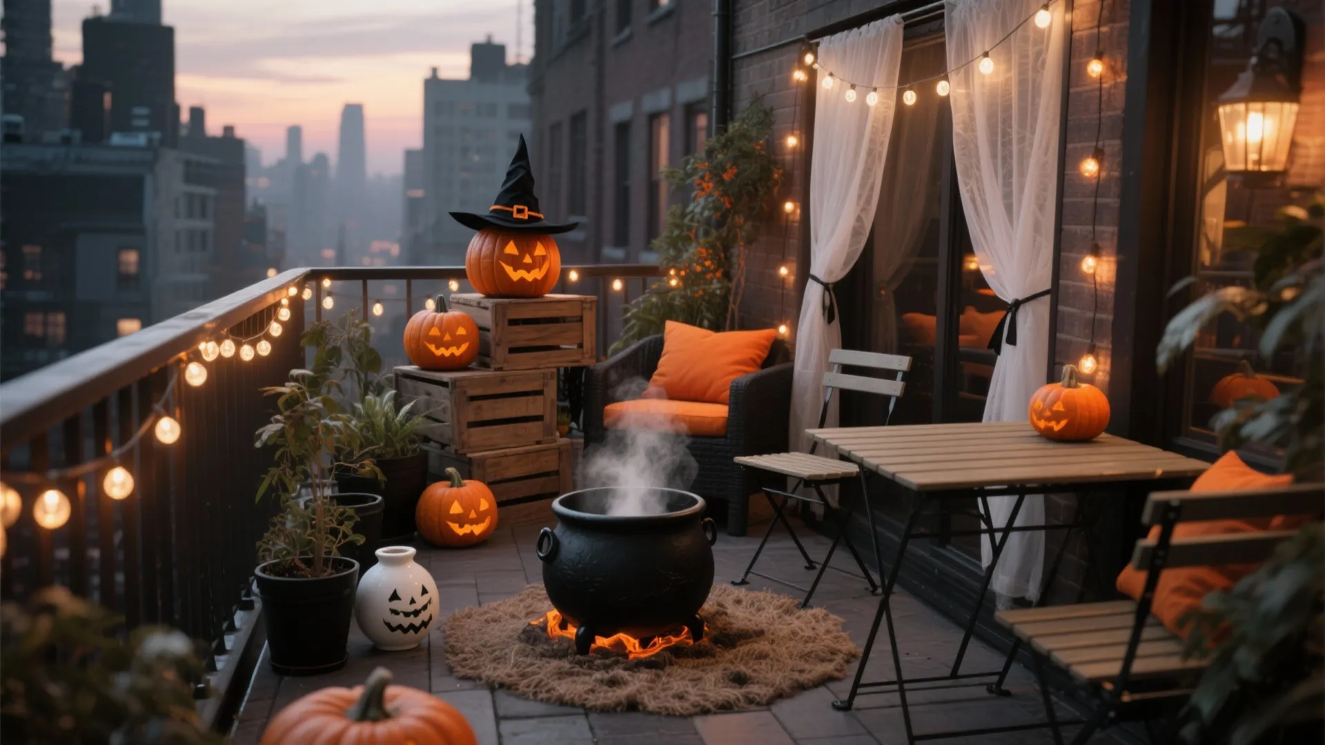 Outdoor balcony with string lights carved pumpkins wooden table chairs and a black cooking pot