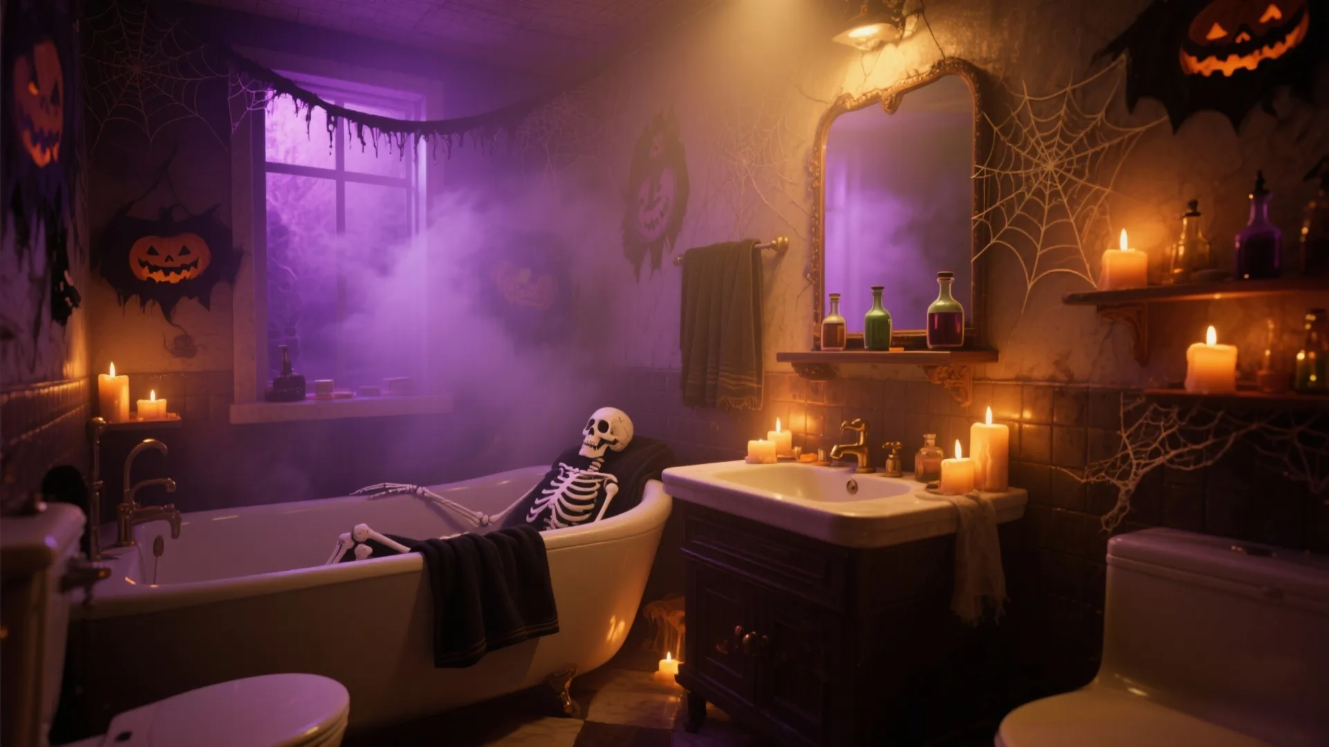 Halloween bathroom with skeleton in bathtub purple mist spider webs lit candles and dark cabinet