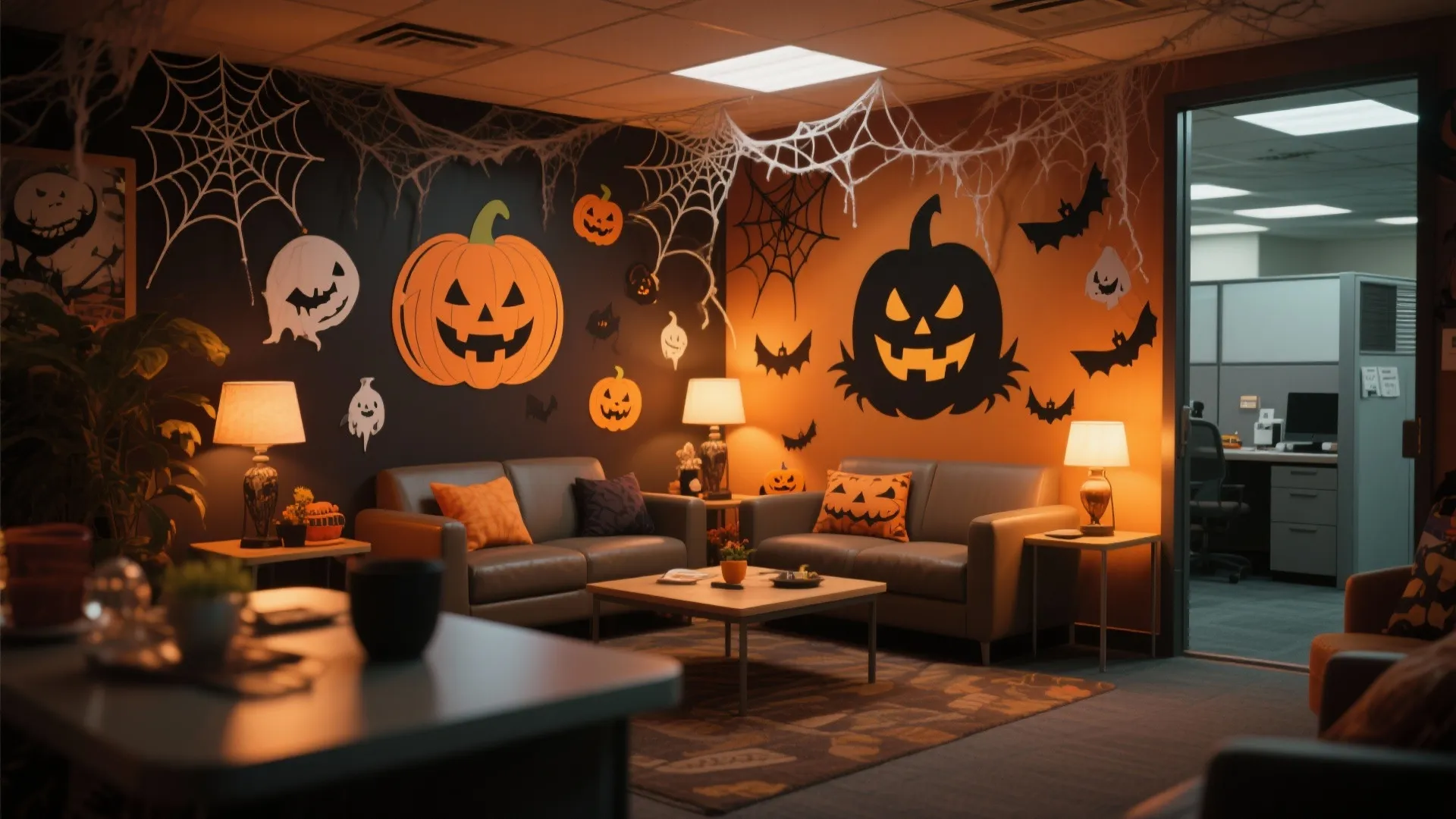 Office break room with grey sofas coffee table spider webs and pumpkin wall stickers decorations