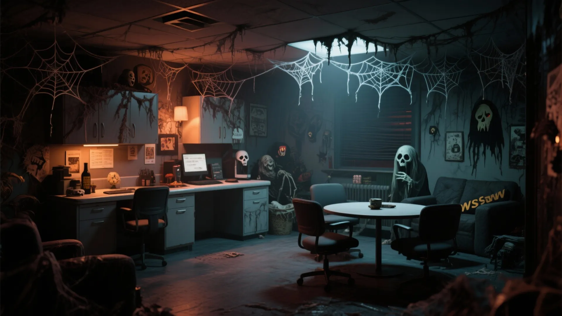 Dark office break room decorated for Halloween with spider webs skeletons and spooky wall lights