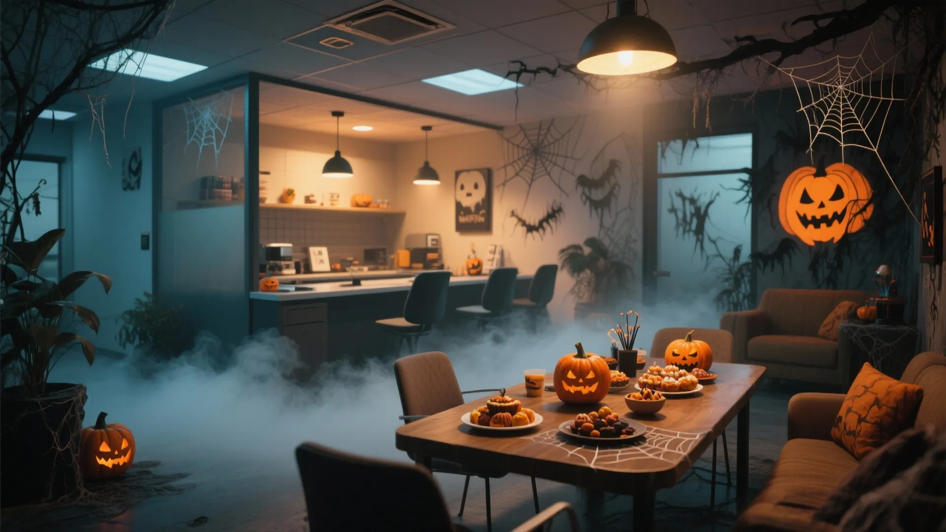 Office break room decorated for Halloween with pumpkins spooky fog cobwebs and a dining table