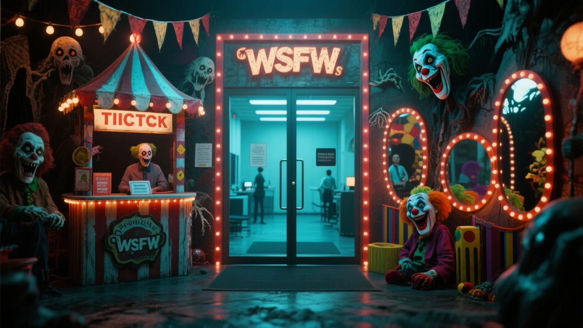 Office entrance recreated as haunted carnival with clowns and mirrors