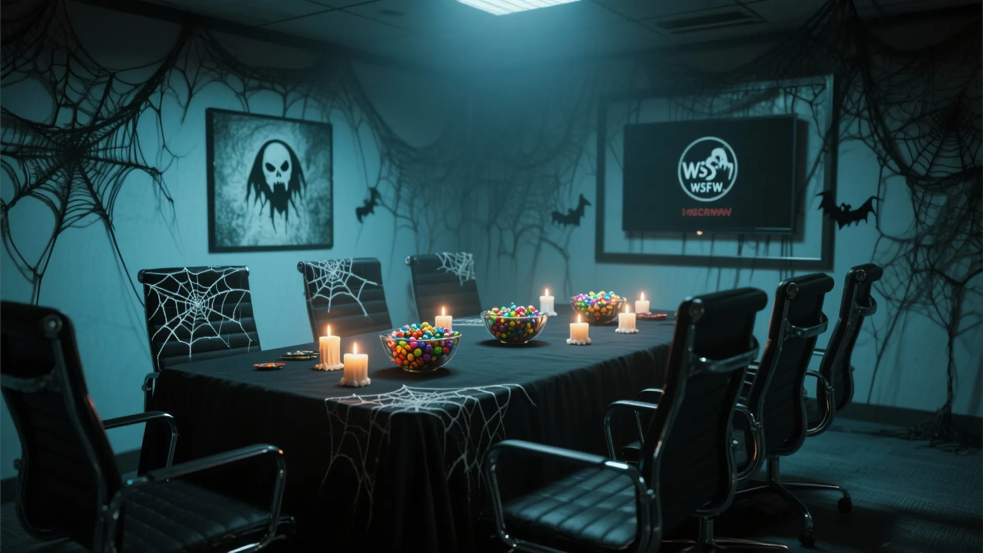 Dark conference room with spider webs black table chairs candles and candy for Halloween decoration