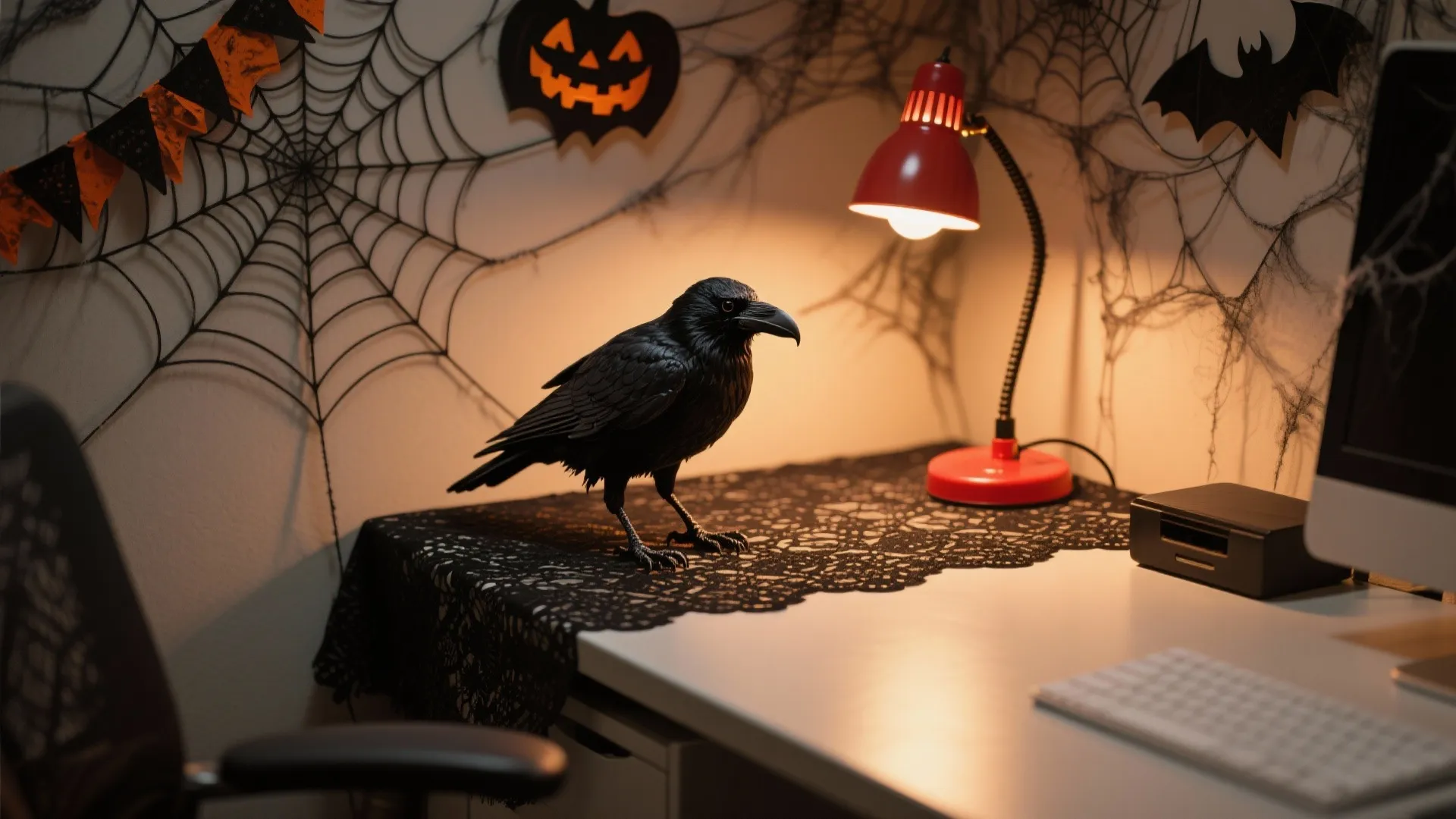 Office desk corner with black bird statue red desk lamp spider web decorations and computer keyboard