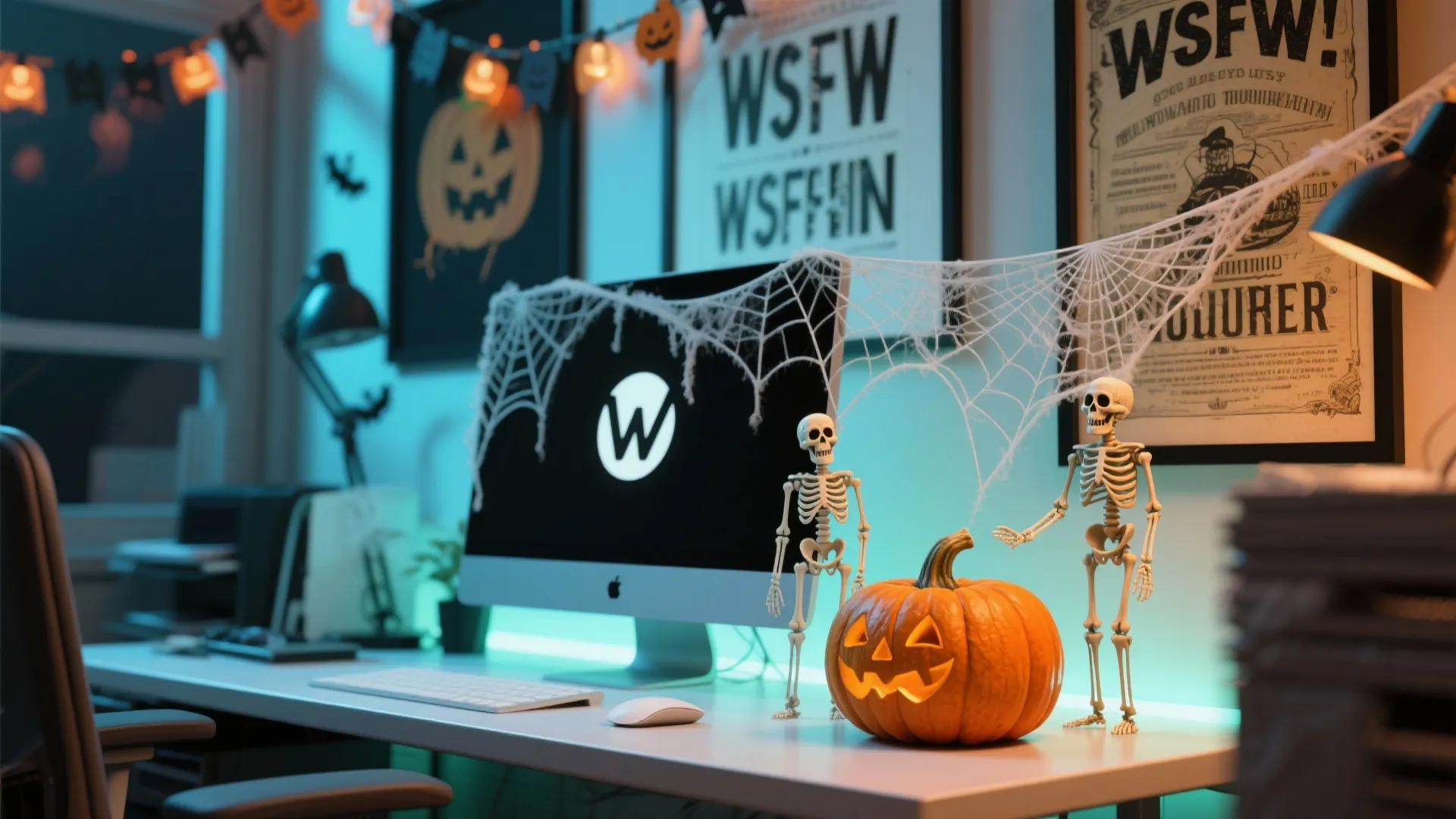 Office desk with computer monitor, fake spider webs, small skeletons, carved pumpkin, and framed posters