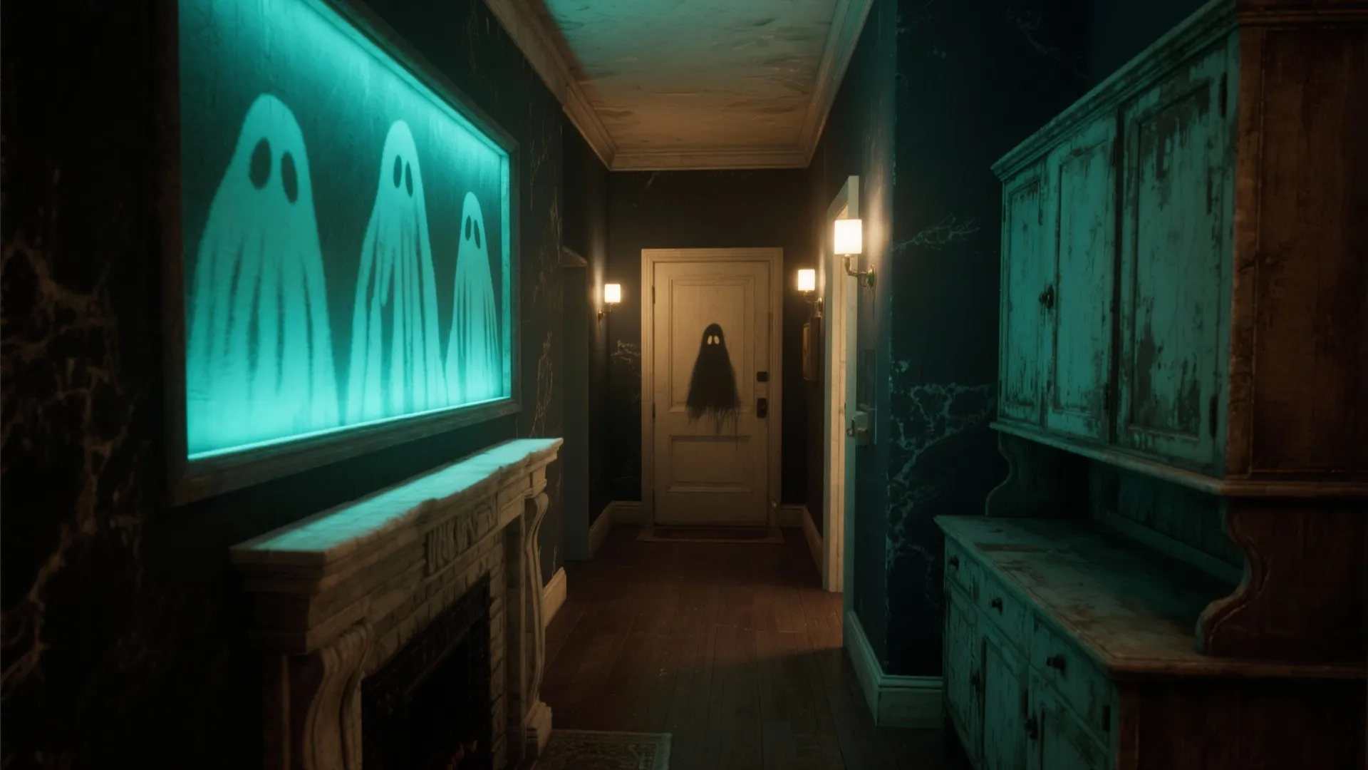 Dark hallway with glowing ghost wall art above fireplace mantel and old wooden cabinet furniture