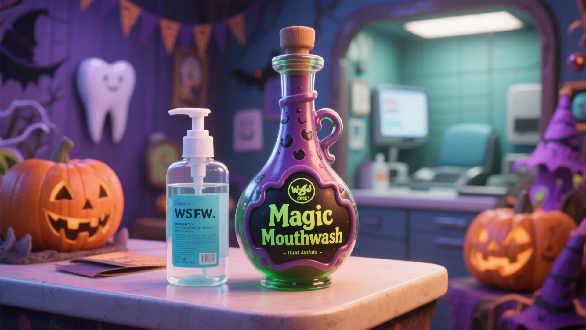 Magic mouthwash and hand soap on a counter with Halloween pumpkins in a dental office