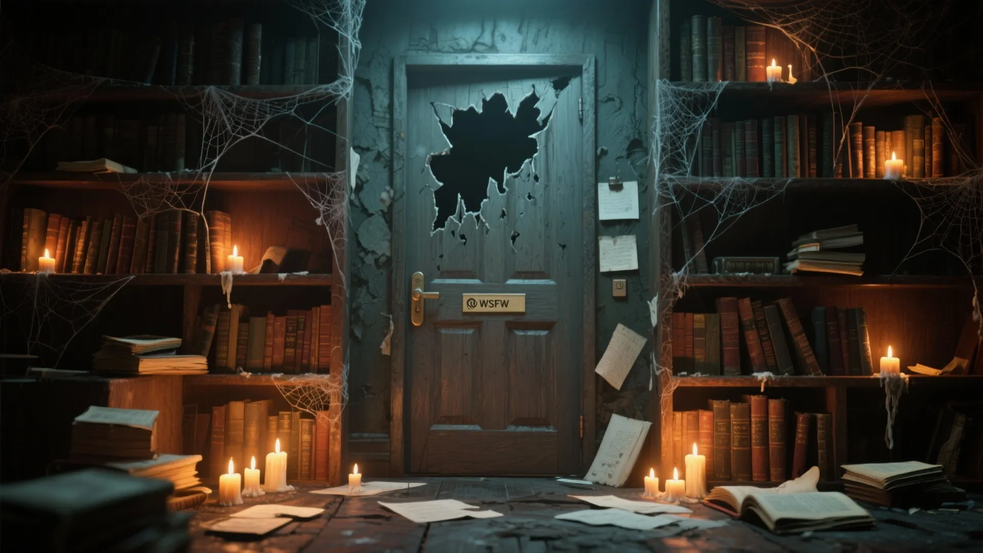 Spooky library with broken wooden door surrounded by bookshelves filled with old books and candles