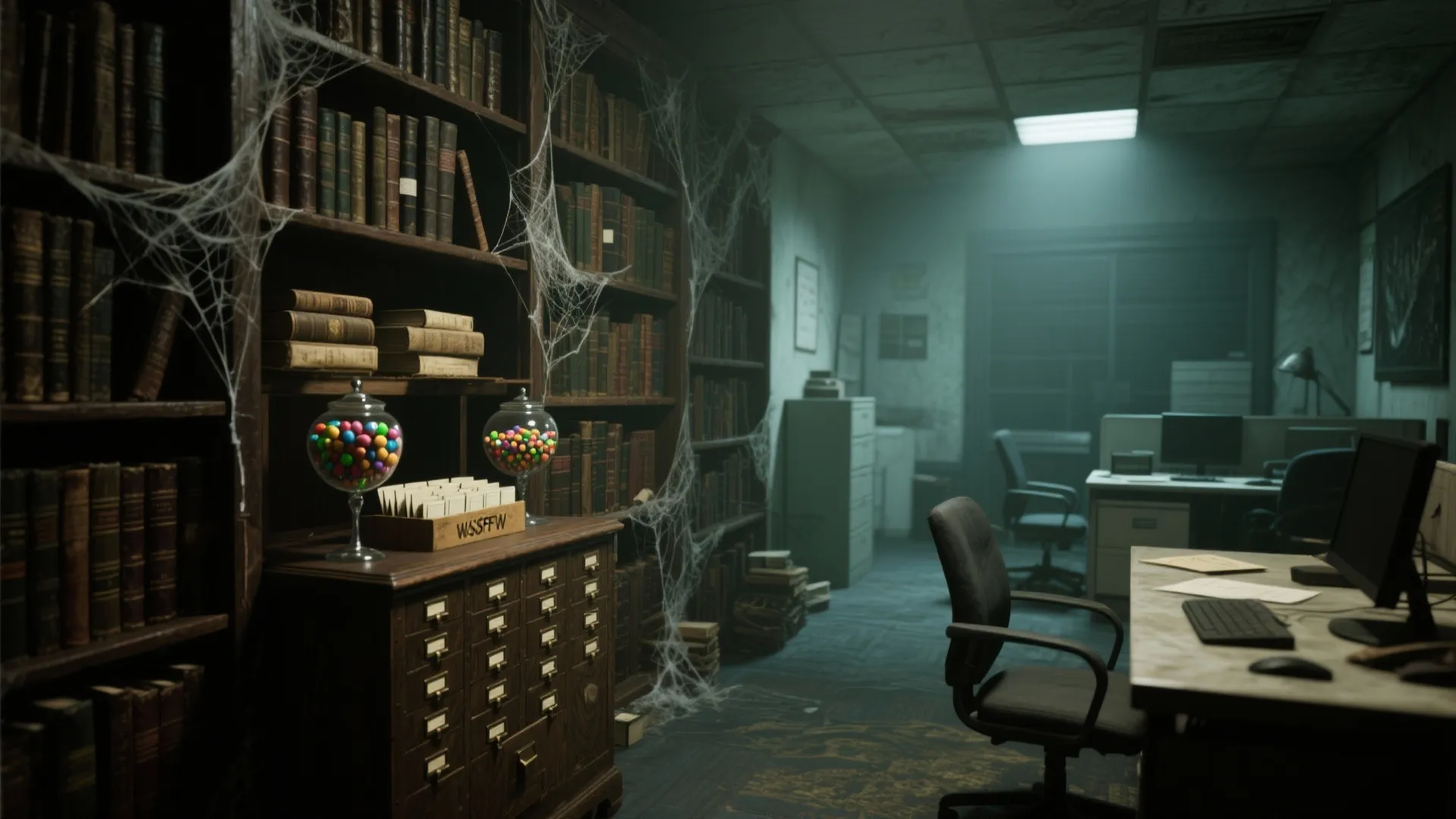 Spooky office library with wooden bookshelves covered in spider webs candy jars and old file cabinets