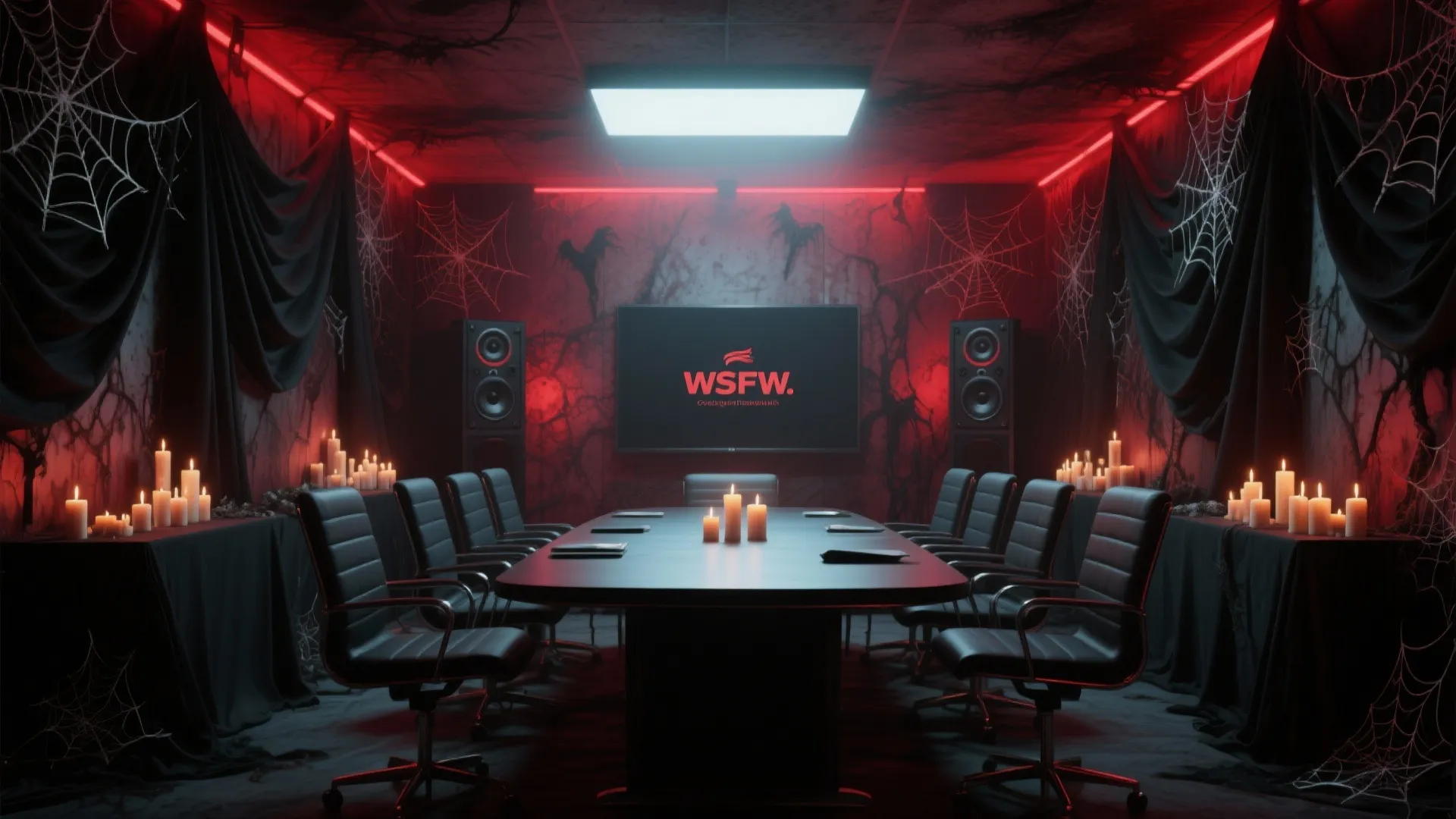 Meeting room interior design with red lights spider webs candles and black chairs for spooky mood