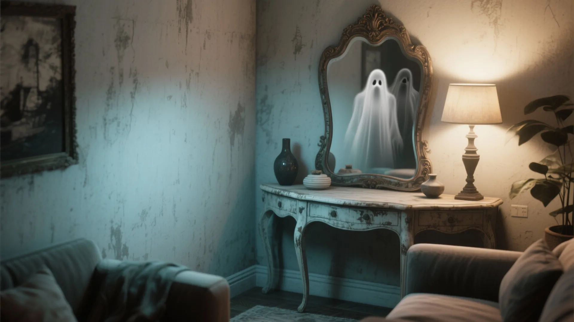 Dark living room with a white ghost reflection in a vintage mirror on a cabinet