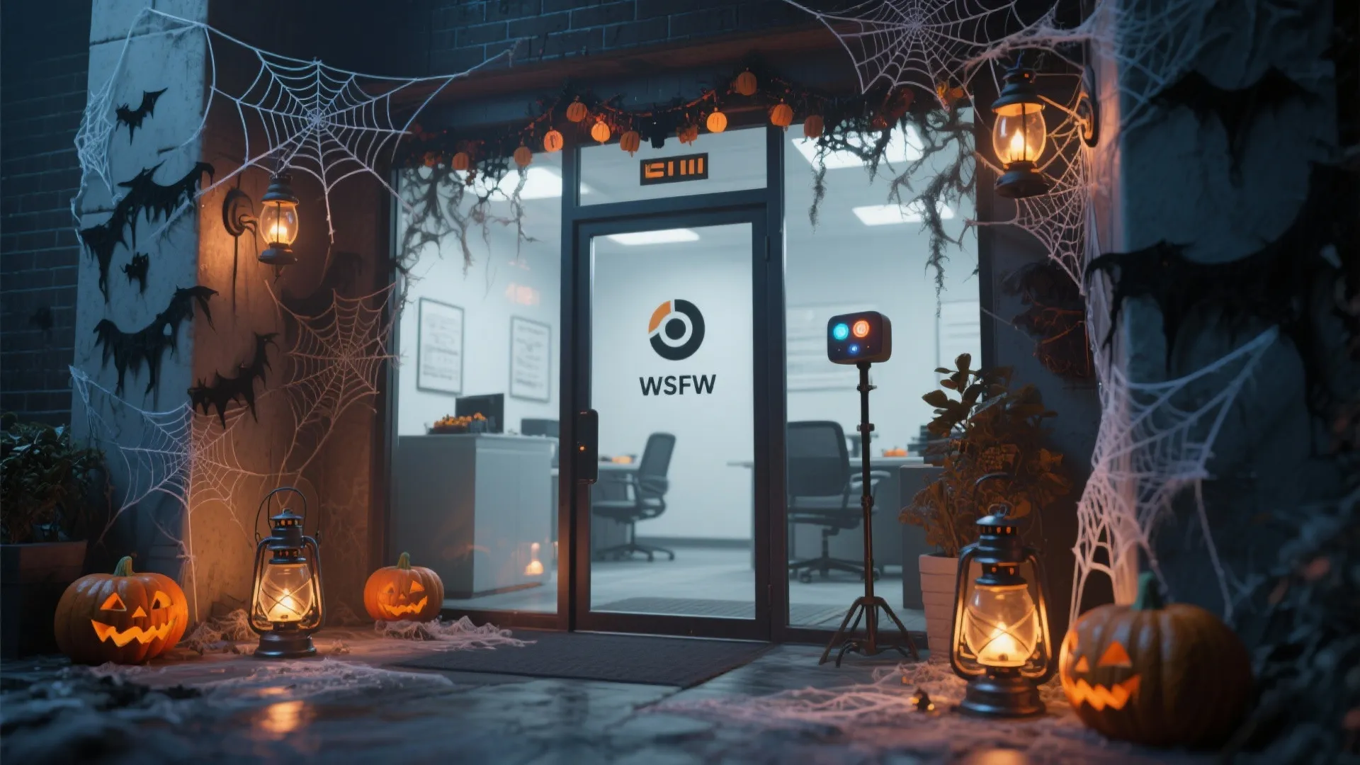 Office glass entrance door decorated for Halloween with lit pumpkins lanterns spider webs and bats