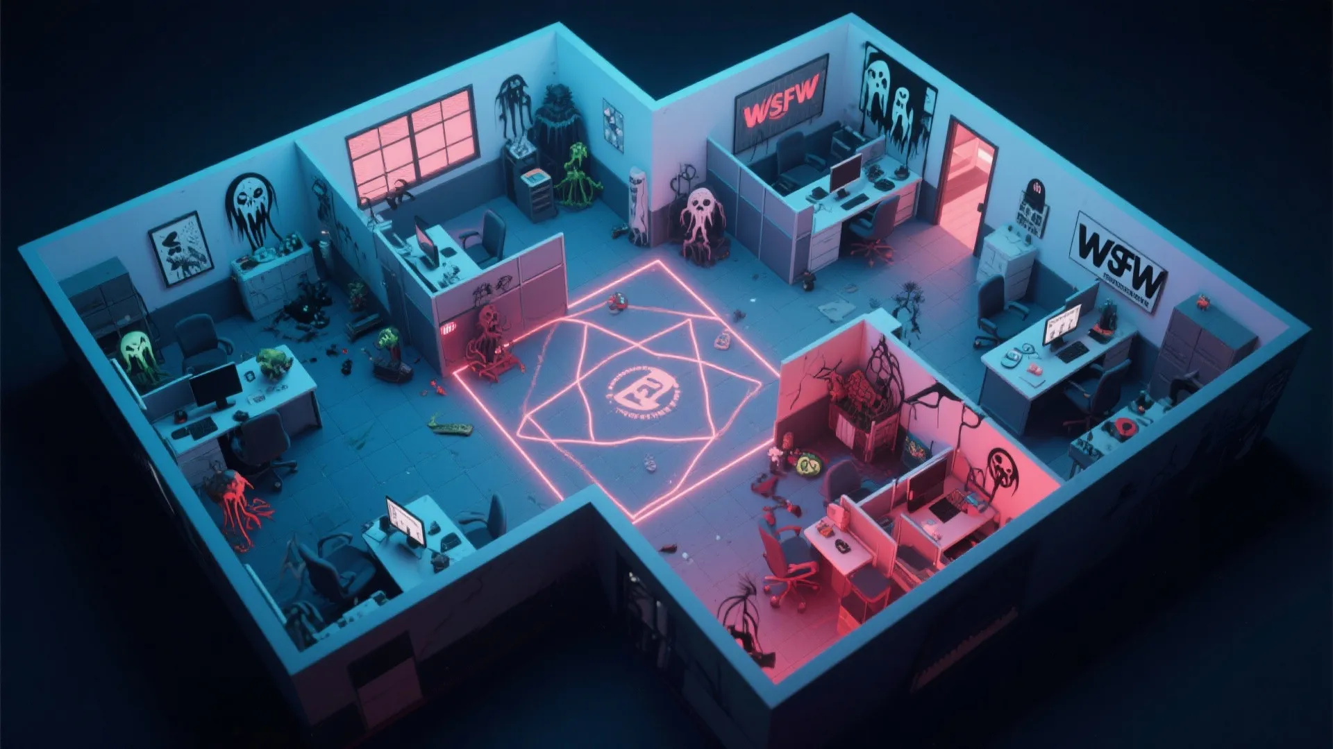 Interior design drawing of a haunted office room layout with glowing symbols and spooky decorations