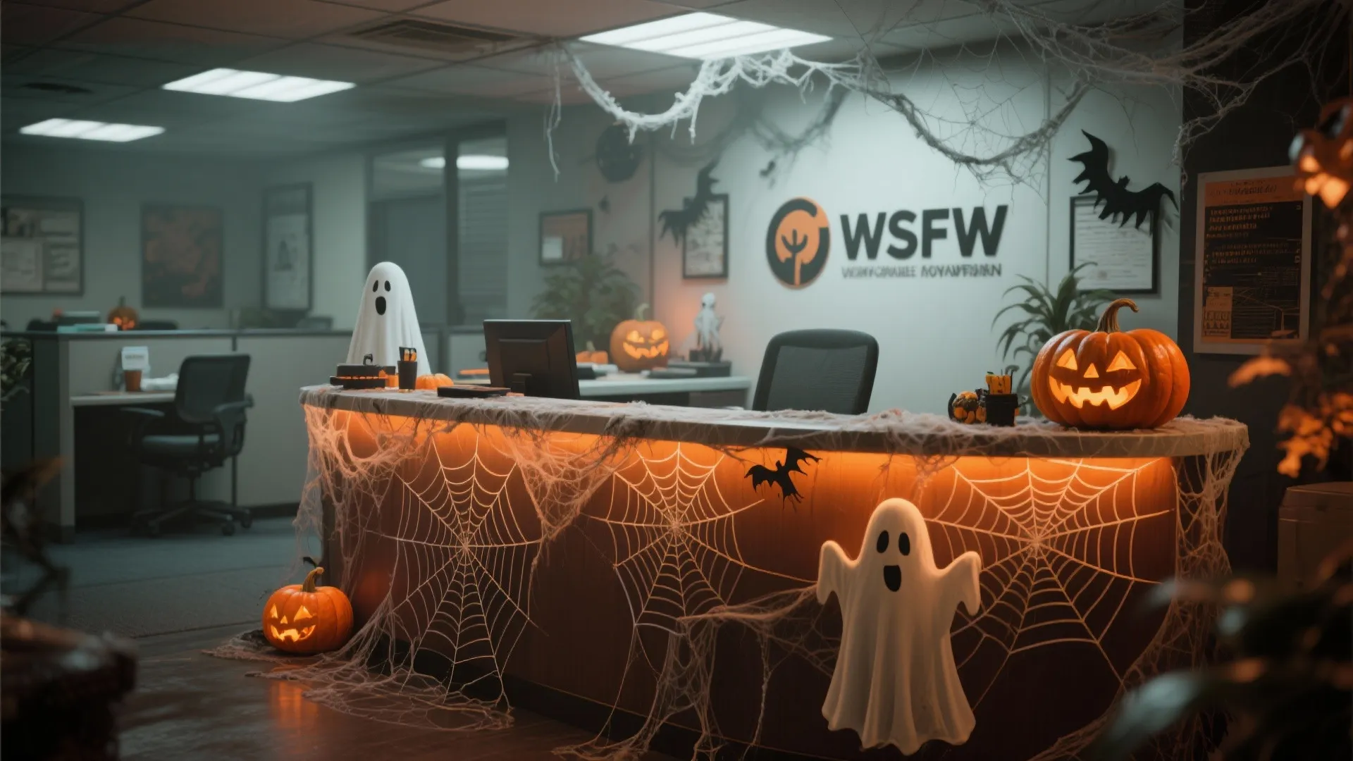 Office reception desk decorated with spider webs glowing pumpkins ghosts and bats for a Halloween theme
