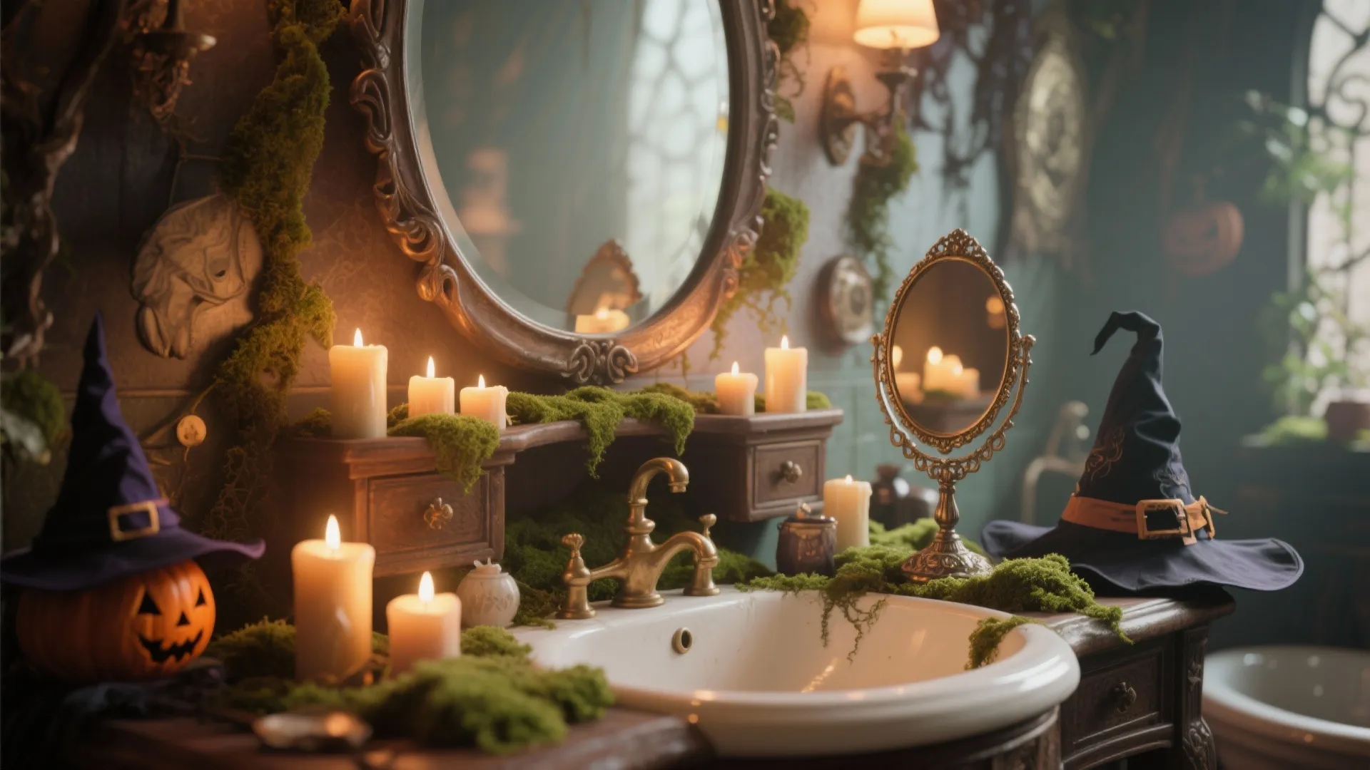 Spooky bathroom vanity with a white sink moss green decor burning candles and halloween hats