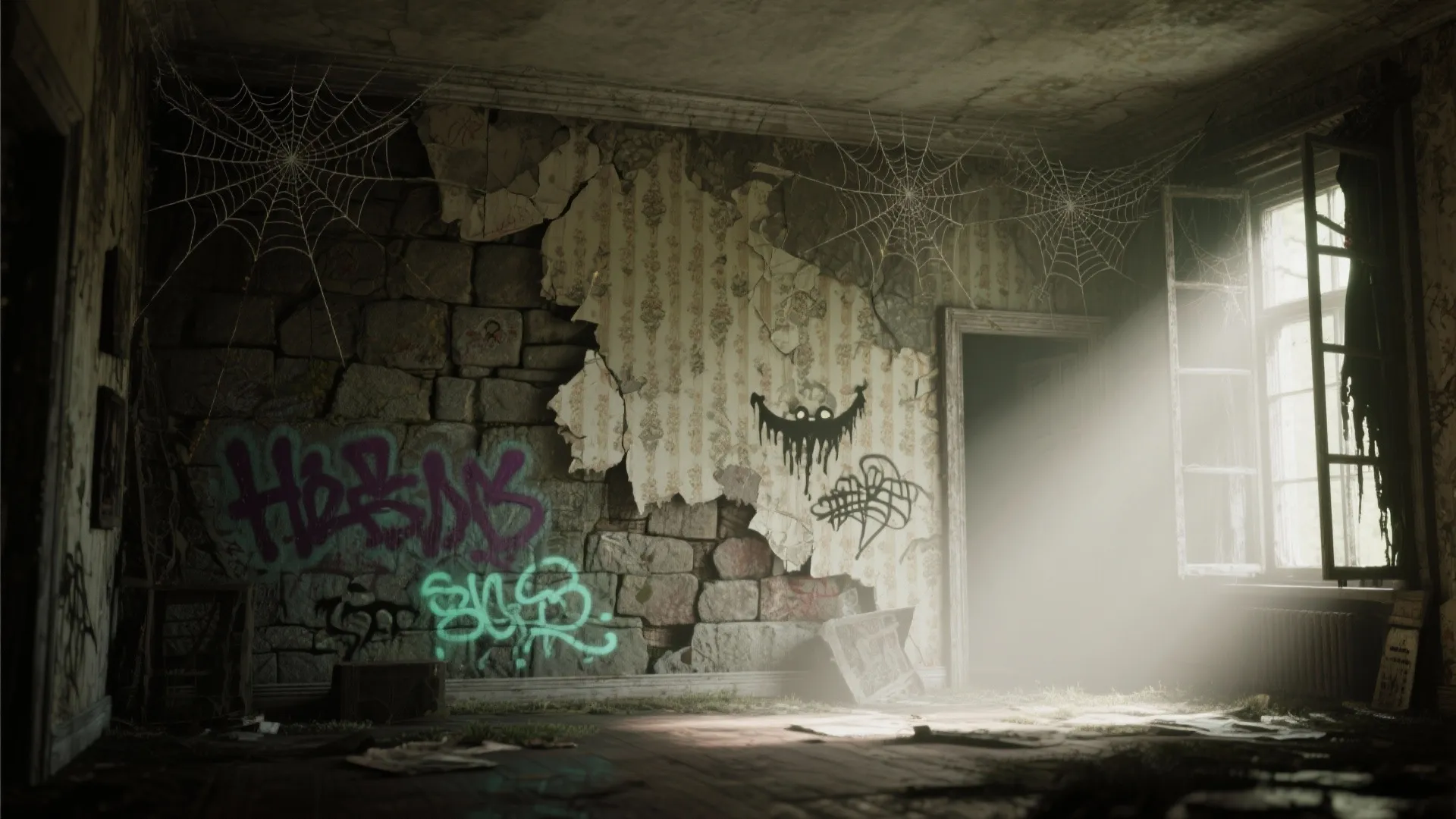 Abandoned room with peeling wallpaper stone walls spider webs graffiti and light coming through a window