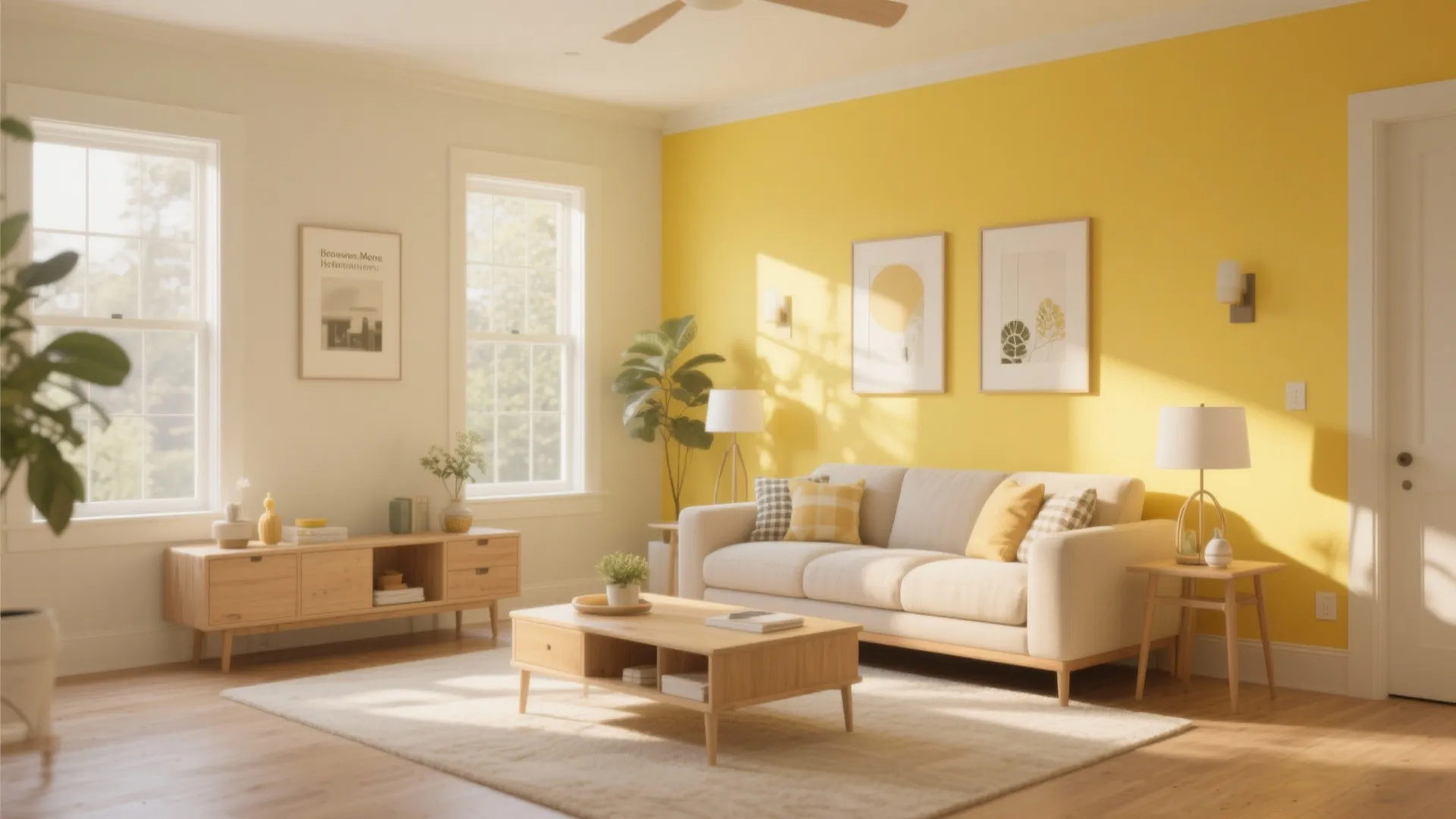 Living room with Hawthorne Yellow half-wall and soft neutral decor