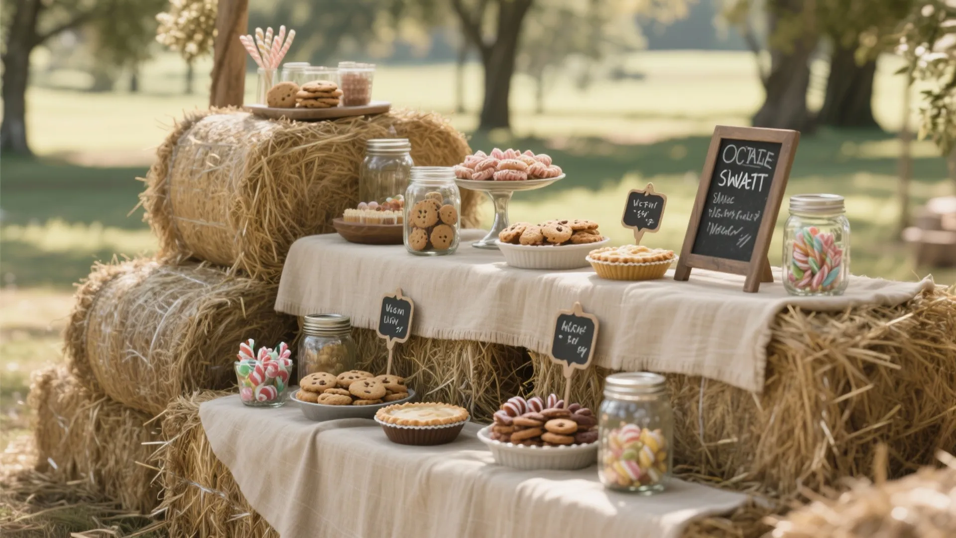Hay bale levels covered with neutral linen and mismatched mason jars filled with desserts.