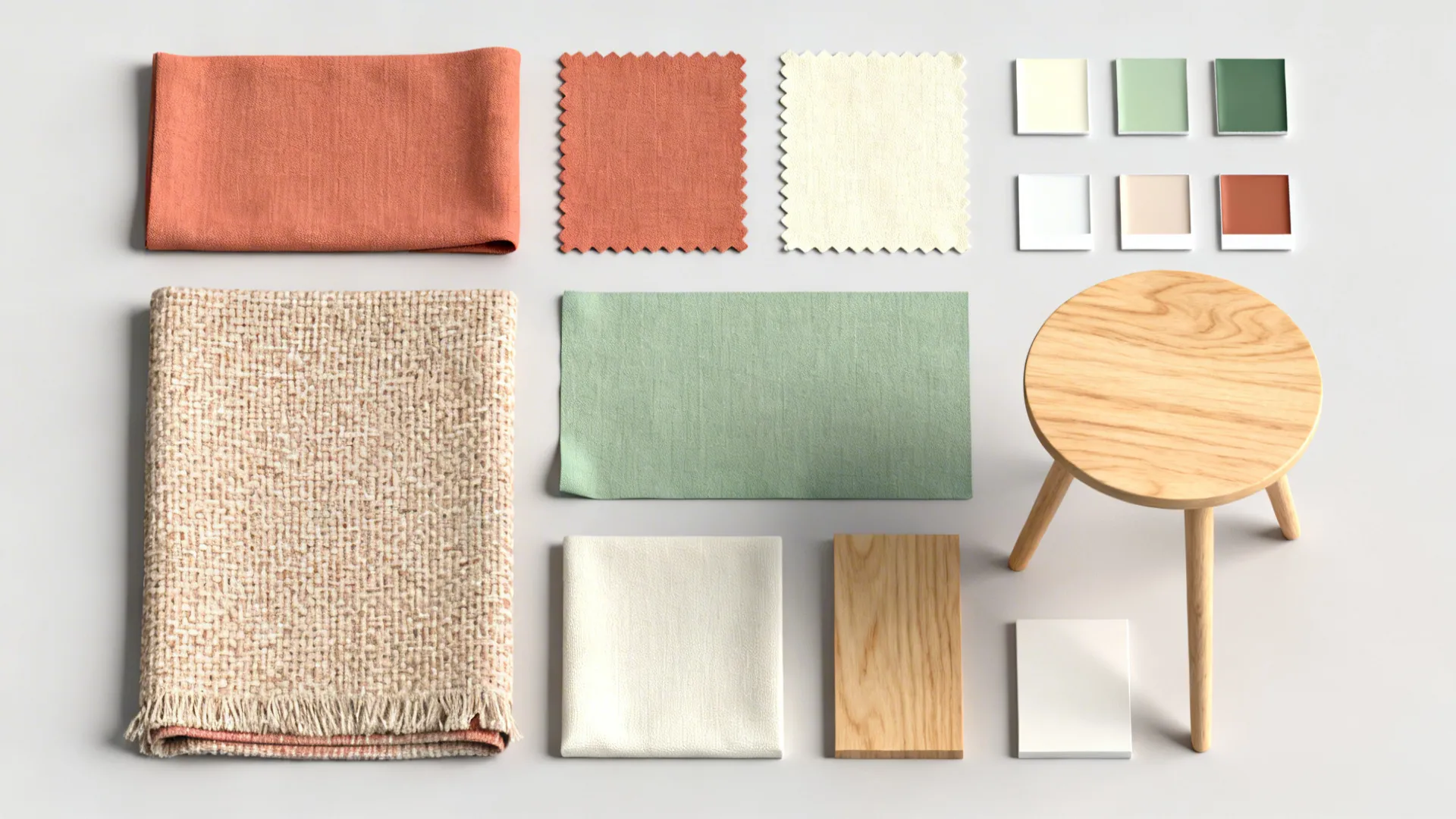 Top-down flatlay of fabric swatches, wood samples, and paint chips showing HAY-inspired colors for a small Scandi interior.