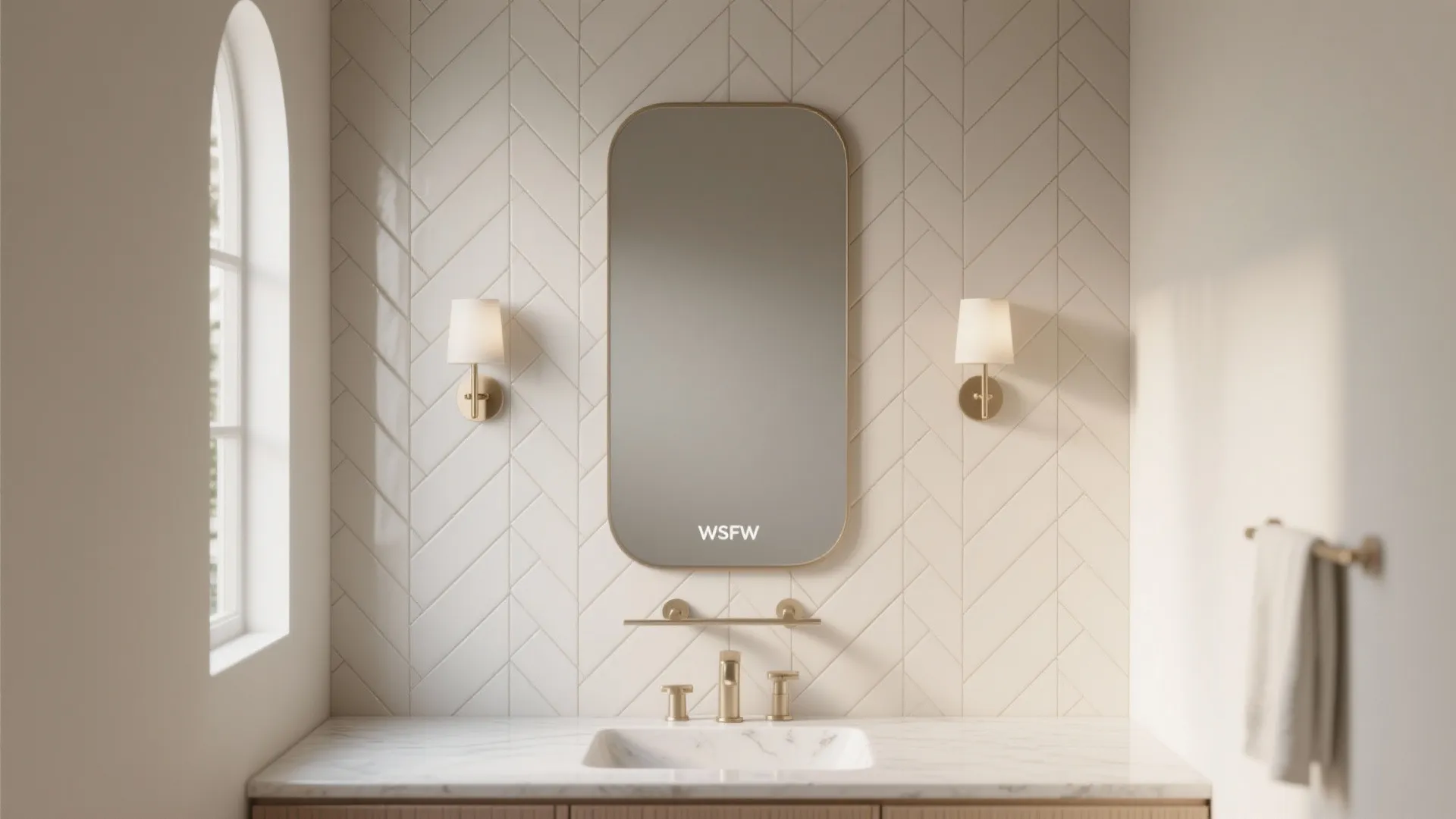 Bathroom sink with marble top mirror two wall lights white wall panel and arched window