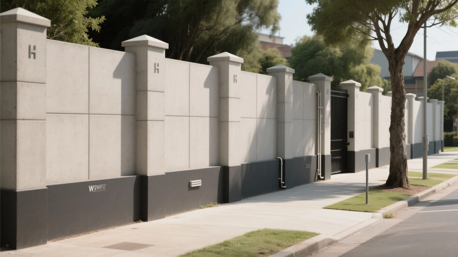 Long grey concrete boundary wall with square pillars along a sidewalk and green grass area