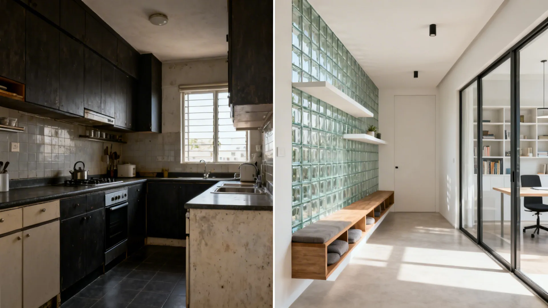 Before and after of an HDB living-kitchen: from dark, cramped space to bright minimalist layout with glass and warm wood.