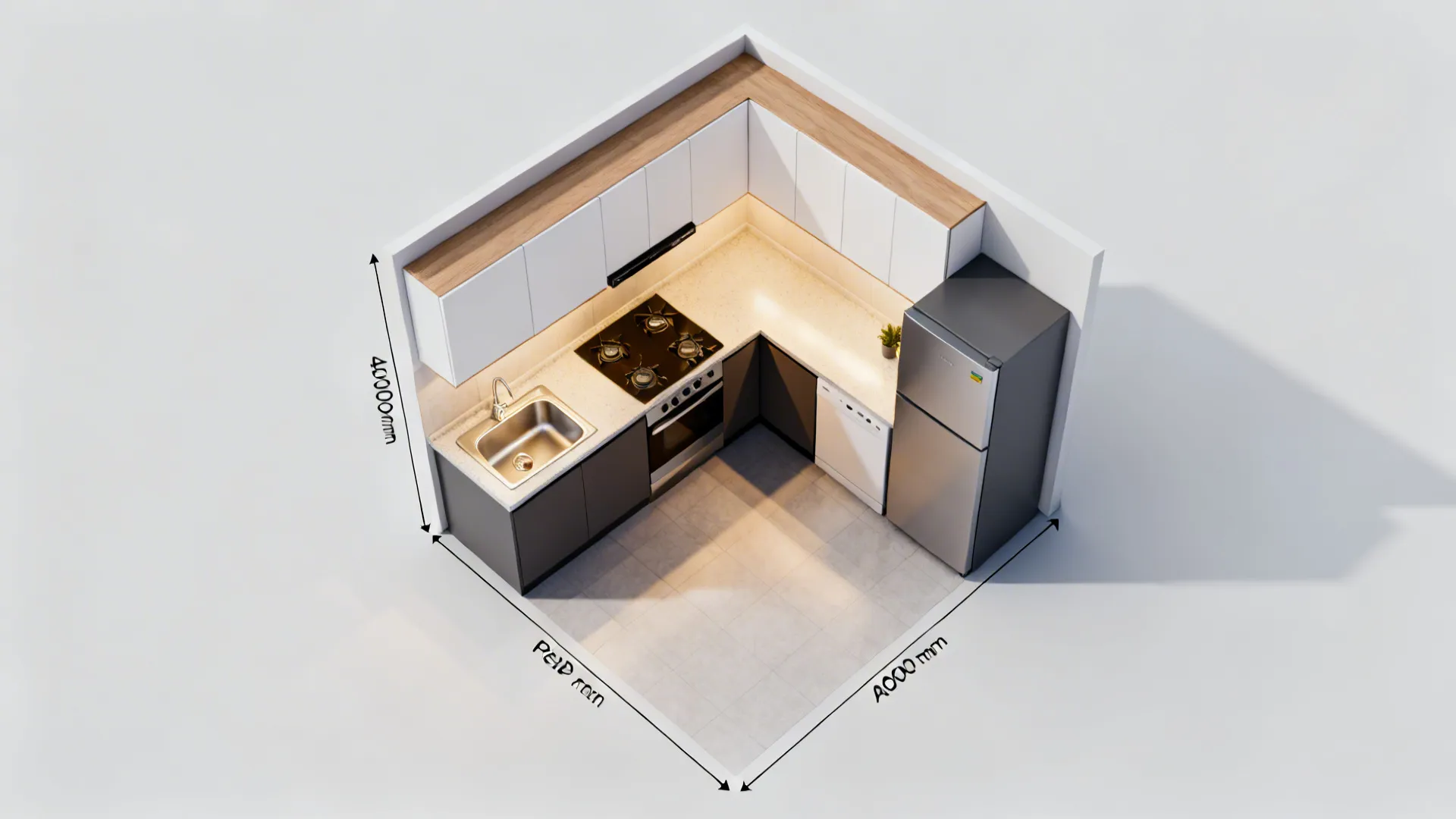 Top-down view of an HDB galley kitchen showing functional zoning and clearances.