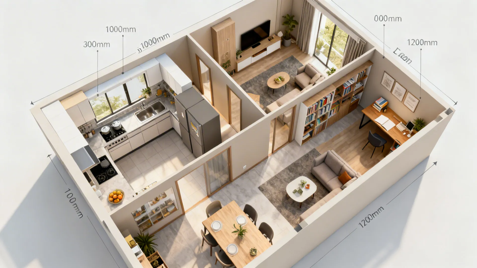 Top-down HDB layout showing clear circulation, L-shaped kitchen aisle, and zoned living, dining, and study.