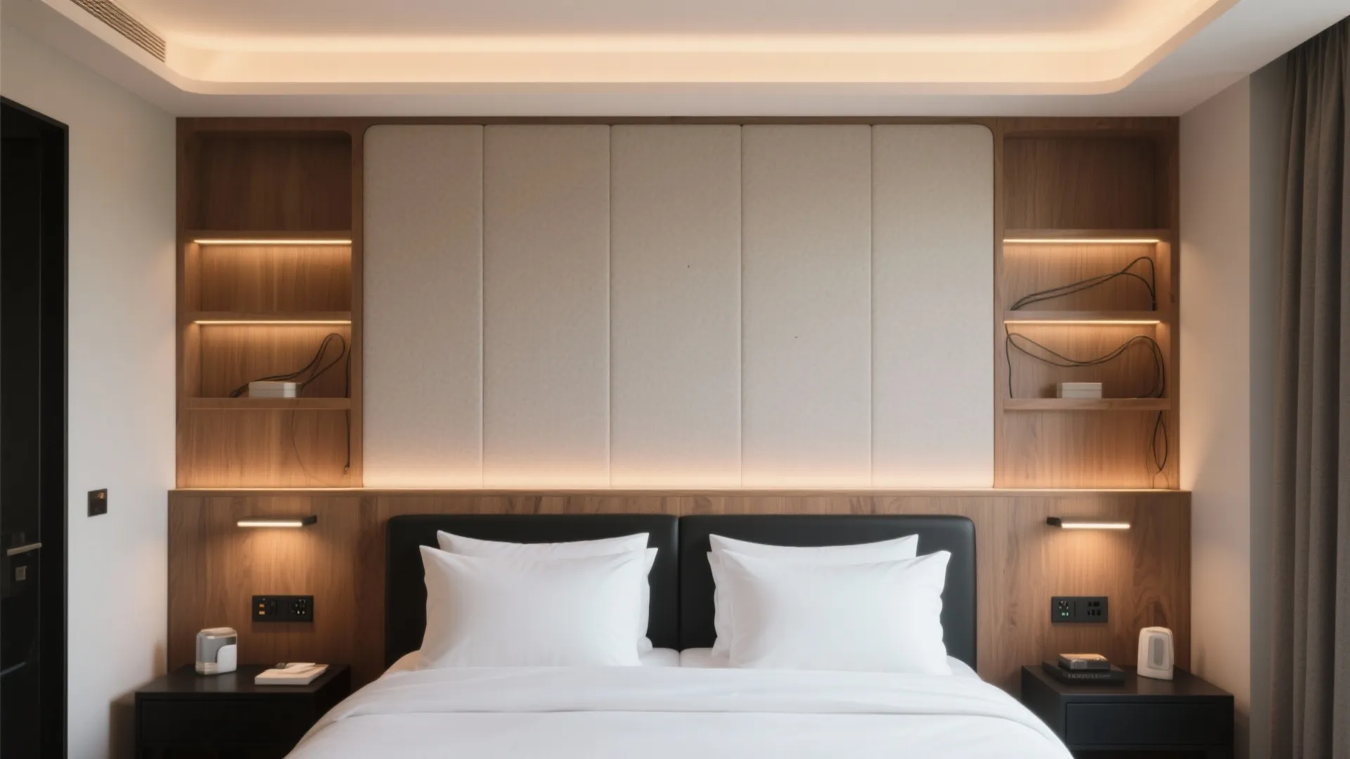 Modern bedroom headboard featuring wooden wall paneling, built in shelves, warm lighting, and white pillows