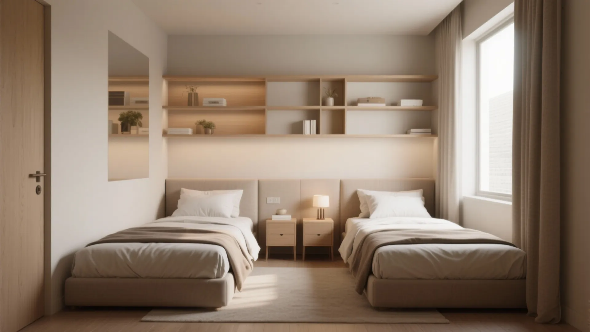 Minimalist bedroom with two twin beds side by side under wooden shelves and warm lighting