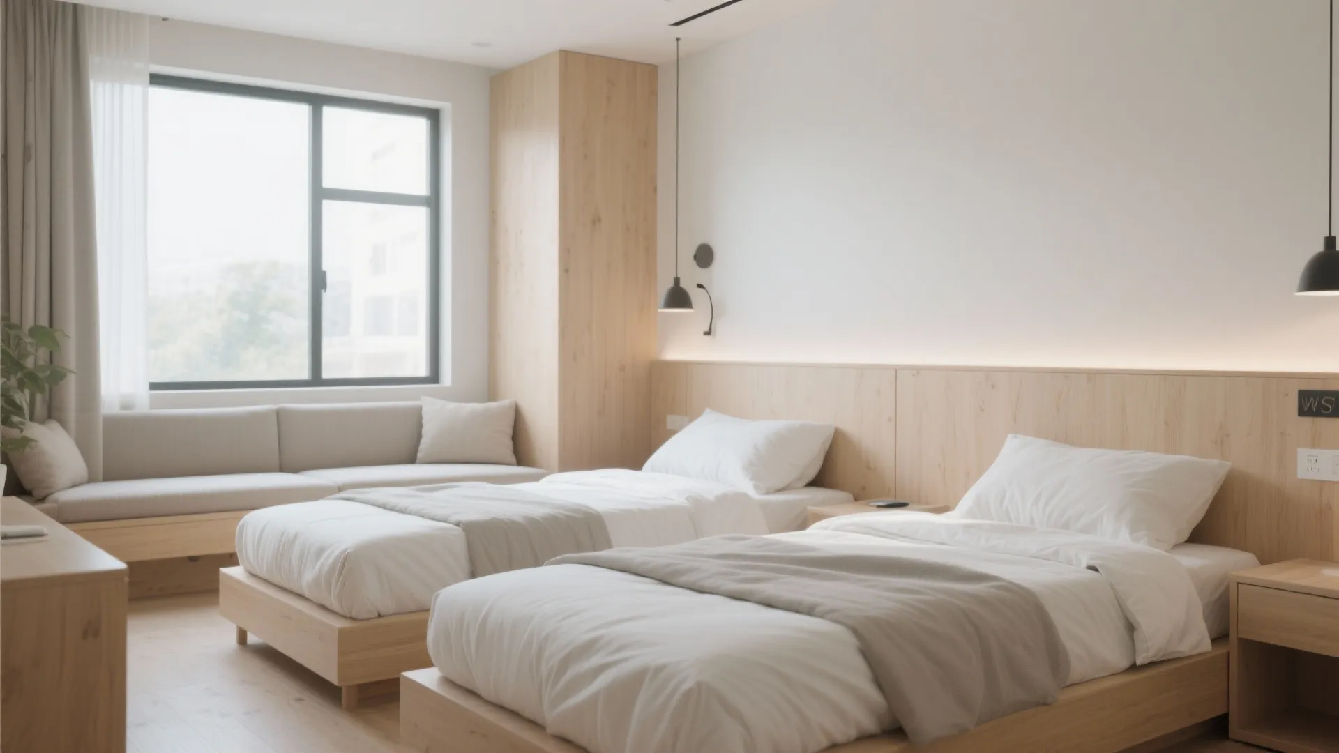 Modern bedroom with two single beds a long wooden headboard and a built in sofa