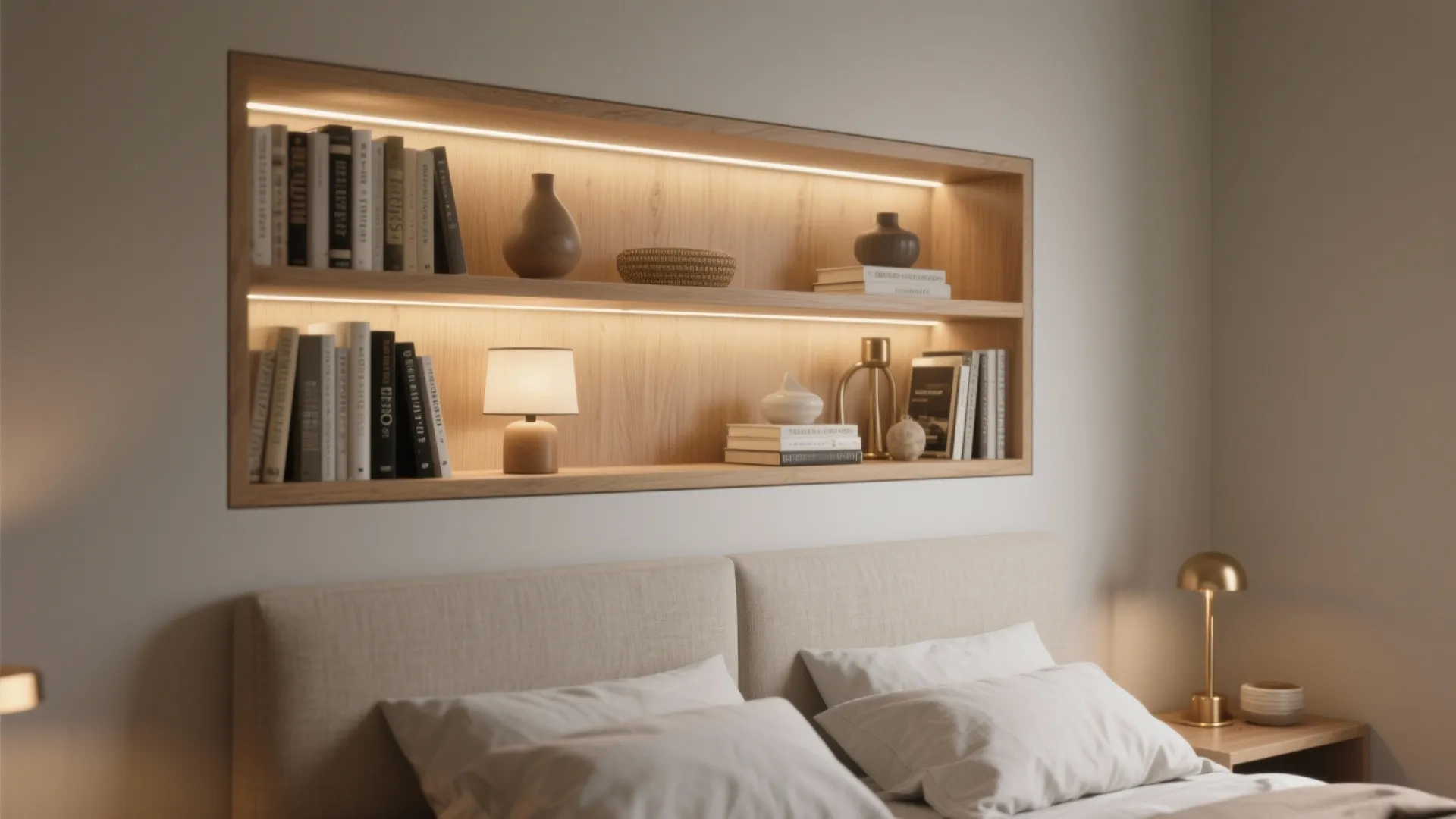 Bedroom headboard with built-in wooden wall shelf featuring warm light books vases and table lamp