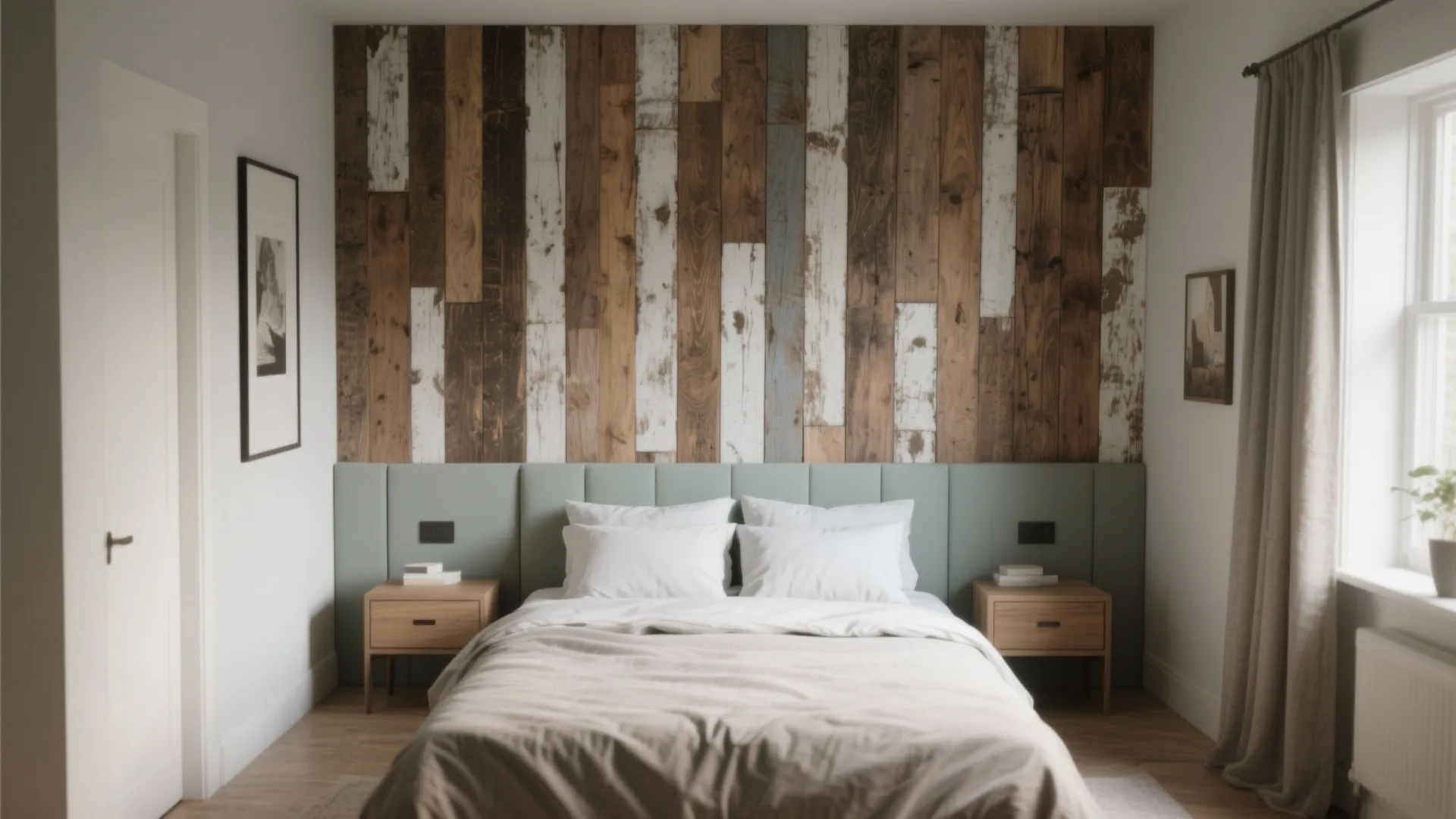 Rustic bedroom with wood wall panel green headboard white bedding and two wooden side tables
