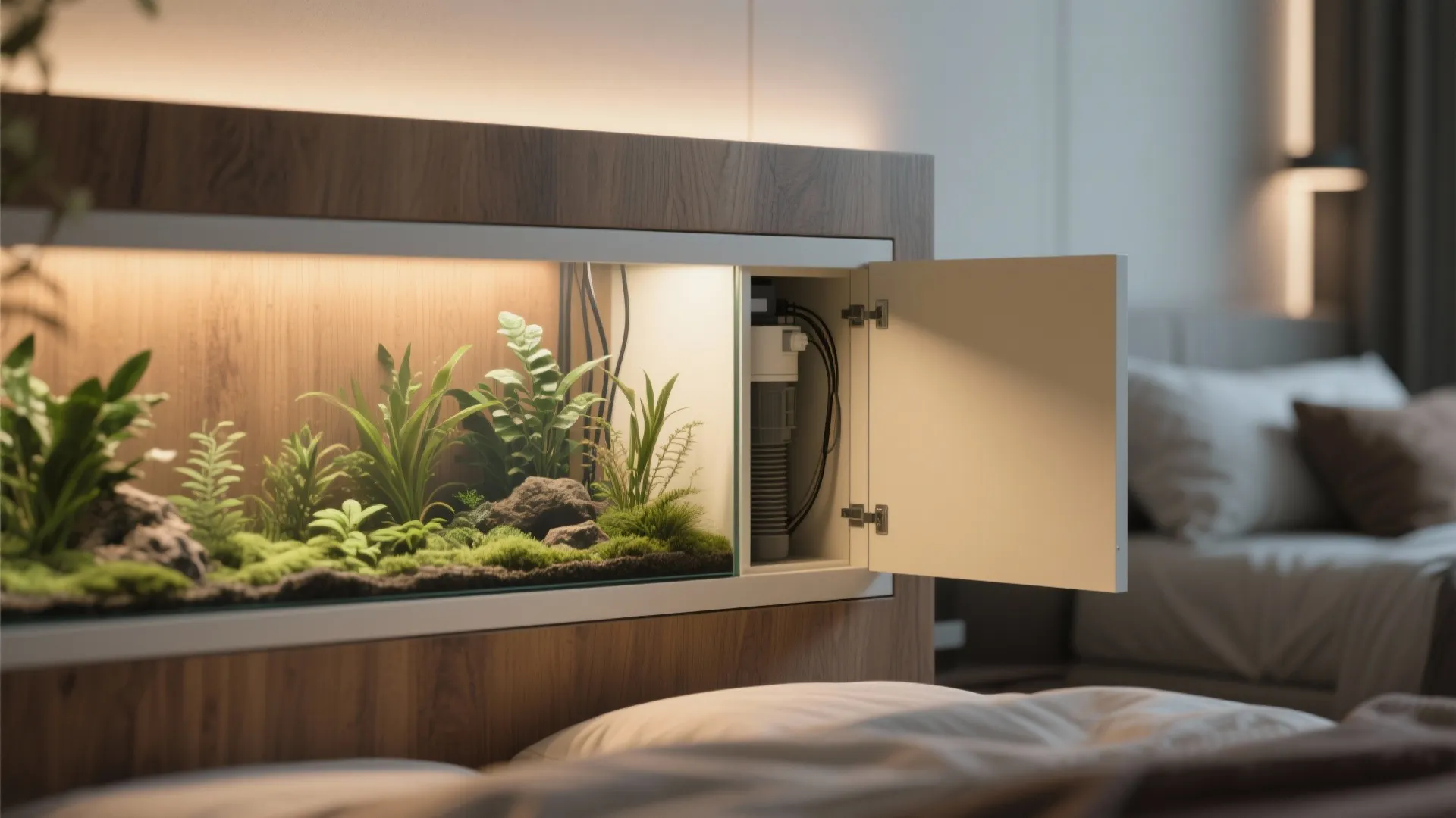 Wooden headboard with built-in plant display and side access panel for hidden filter and cables