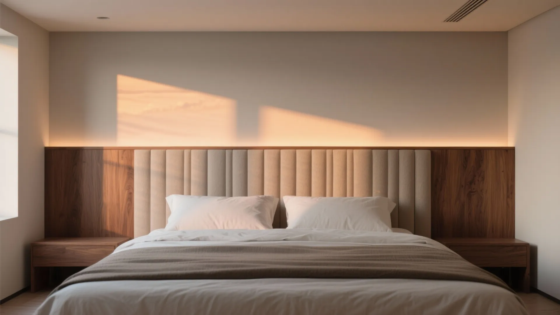 Minimalist bedroom with wide beige headboard wooden wall panel white pillows and warm orange sunset