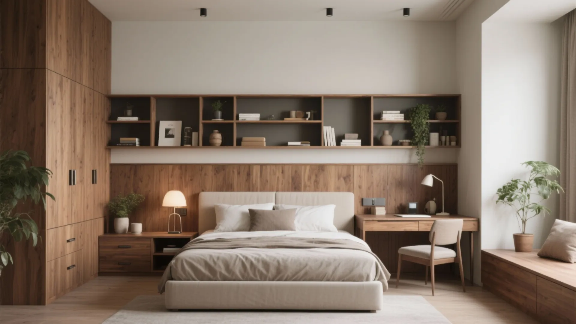 5. Built-in headboard with shelving or desk