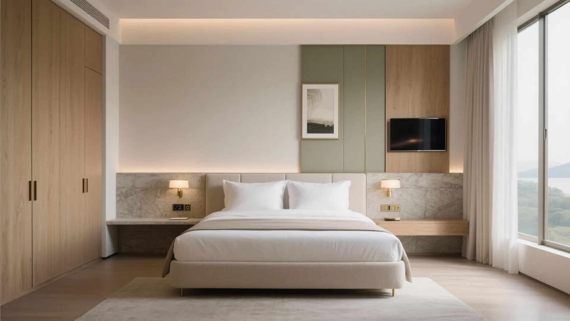 Minimalist bedroom with beige bed, wood wardrobe, wall lights, green wall panel, and large window