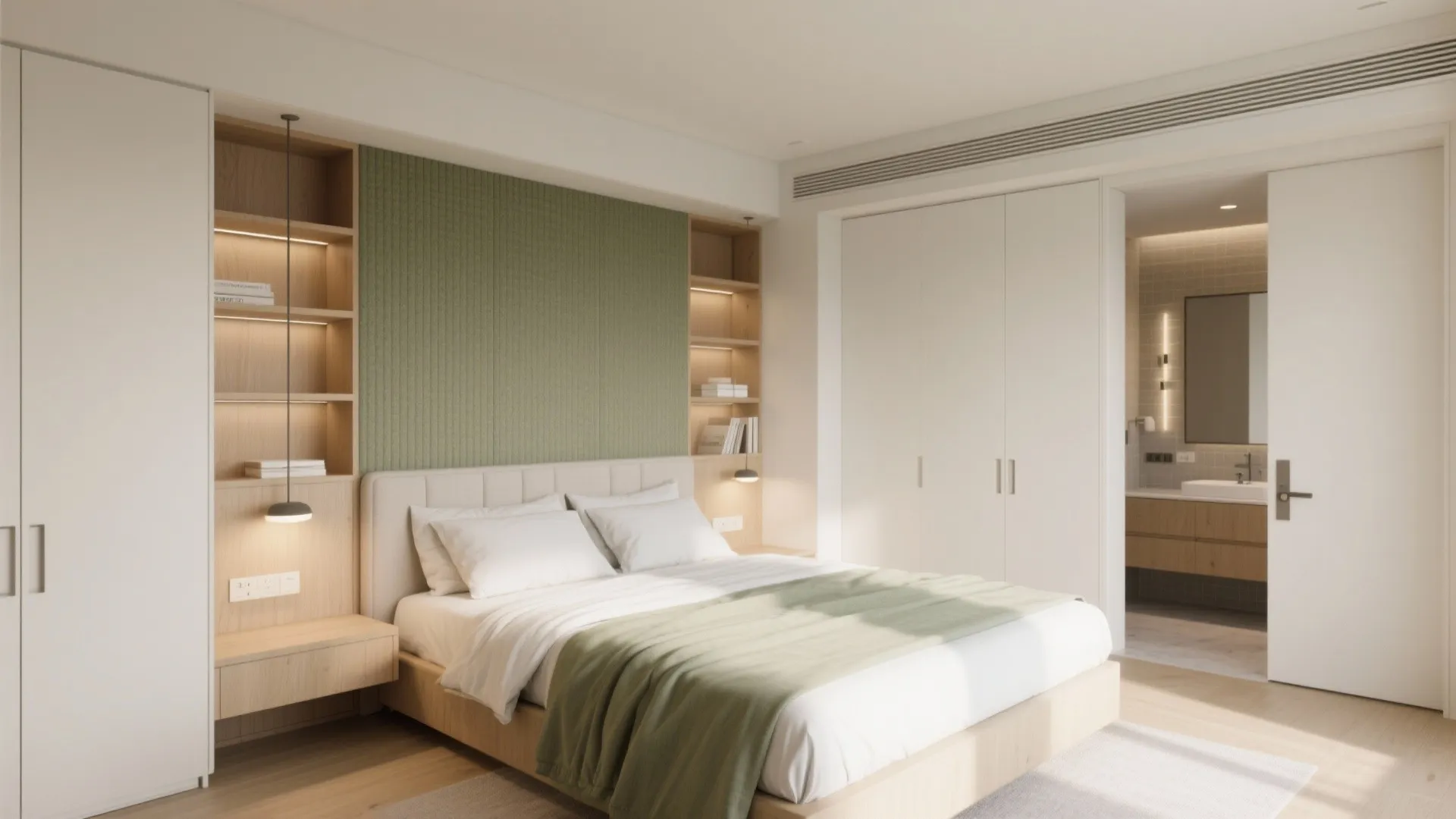 Modern bedroom with green wall panel, wooden shelves, white bed, and door to a bathroom