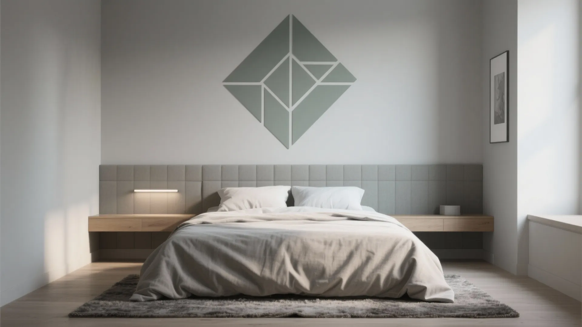 Compact bedroom with a matte geometric headboard decal, layered linen bedding, and a nubby rug.